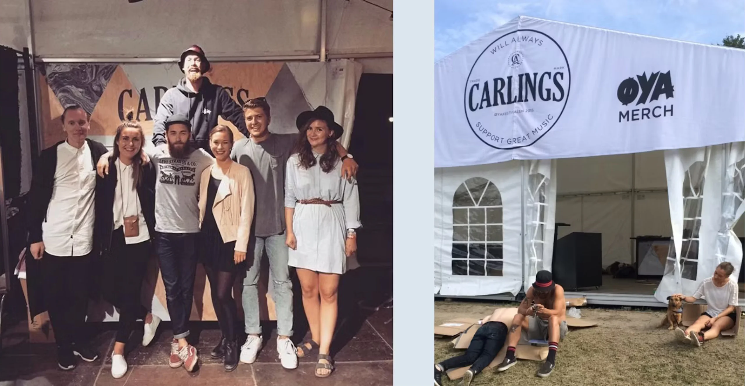 Sju leende unga vuxna poserar tillsammans inne i ett tält på ett festivalträff, medan intill dem ett vitt merchandise-tält märkt "Carlings" och "Øya Merch" visar folk som ligger på gräset och en kvinna som sitter med en liten hund.