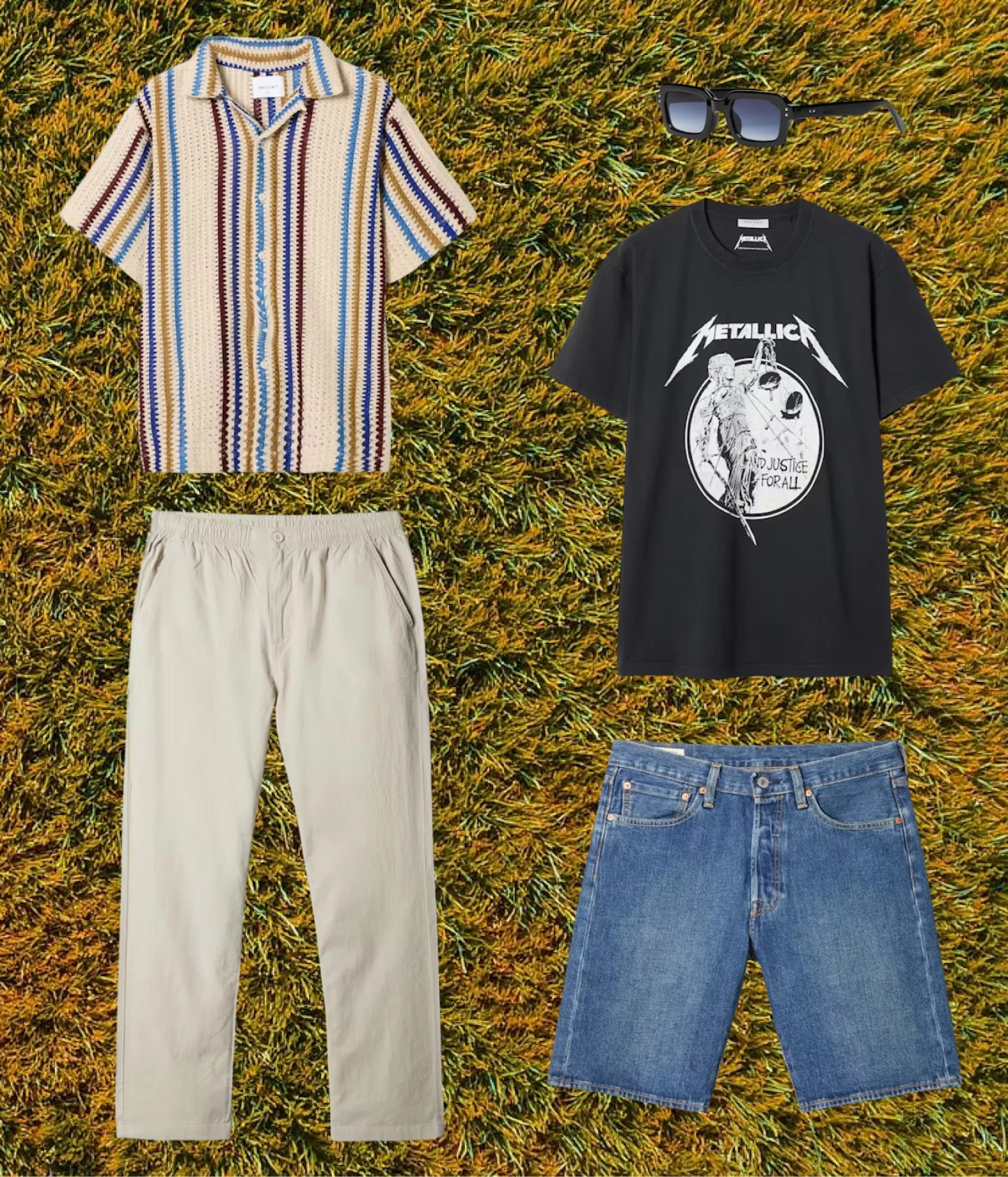 crocheted striped short-sleeve shirt, beige trousers, black Metallica graphic tee, denim shorts and black sunglasses arranged on grass.