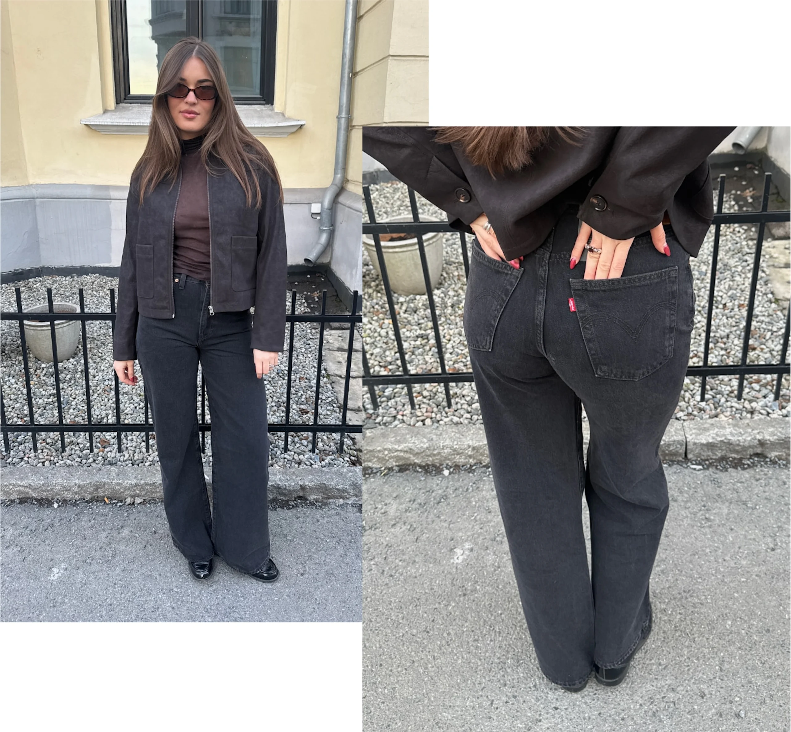 Kvinne på fortauet iført svarte vide jeans, mørkebrunt tettsittende plagg, kort svart jakke og solbriller, med hendene i baklommene som viser rød neglelakk og ringer, jernstakitt og grusgård i bakgrunnen.