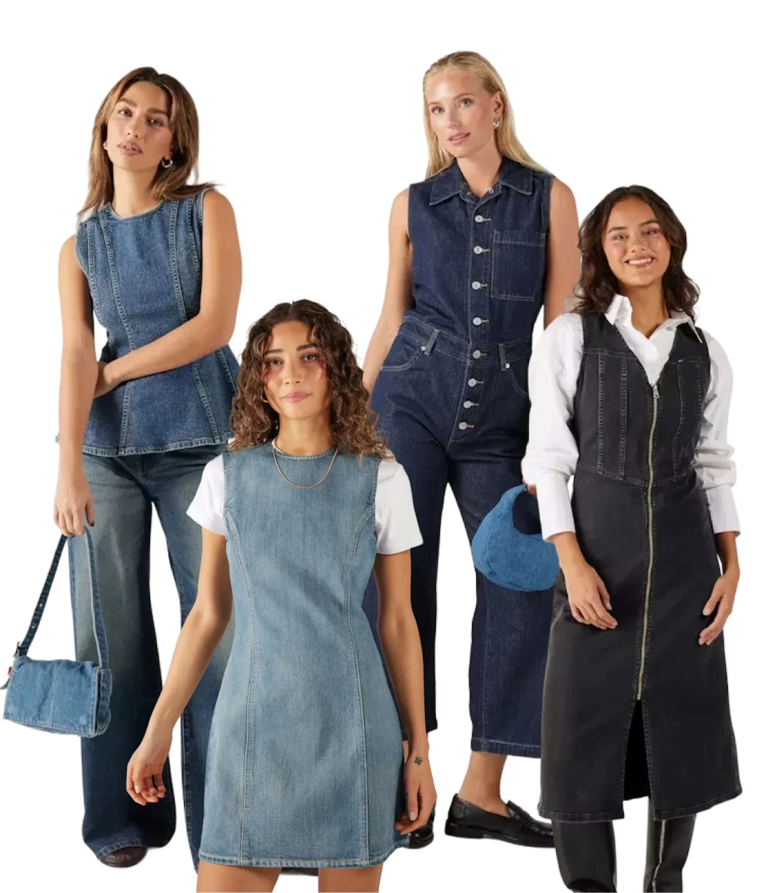 Fire kvinner i denimantrekk: blå topp med jeans, lys denimkjole, mørk denimkjeledress og svart denimkjole med hvit skjorte.
