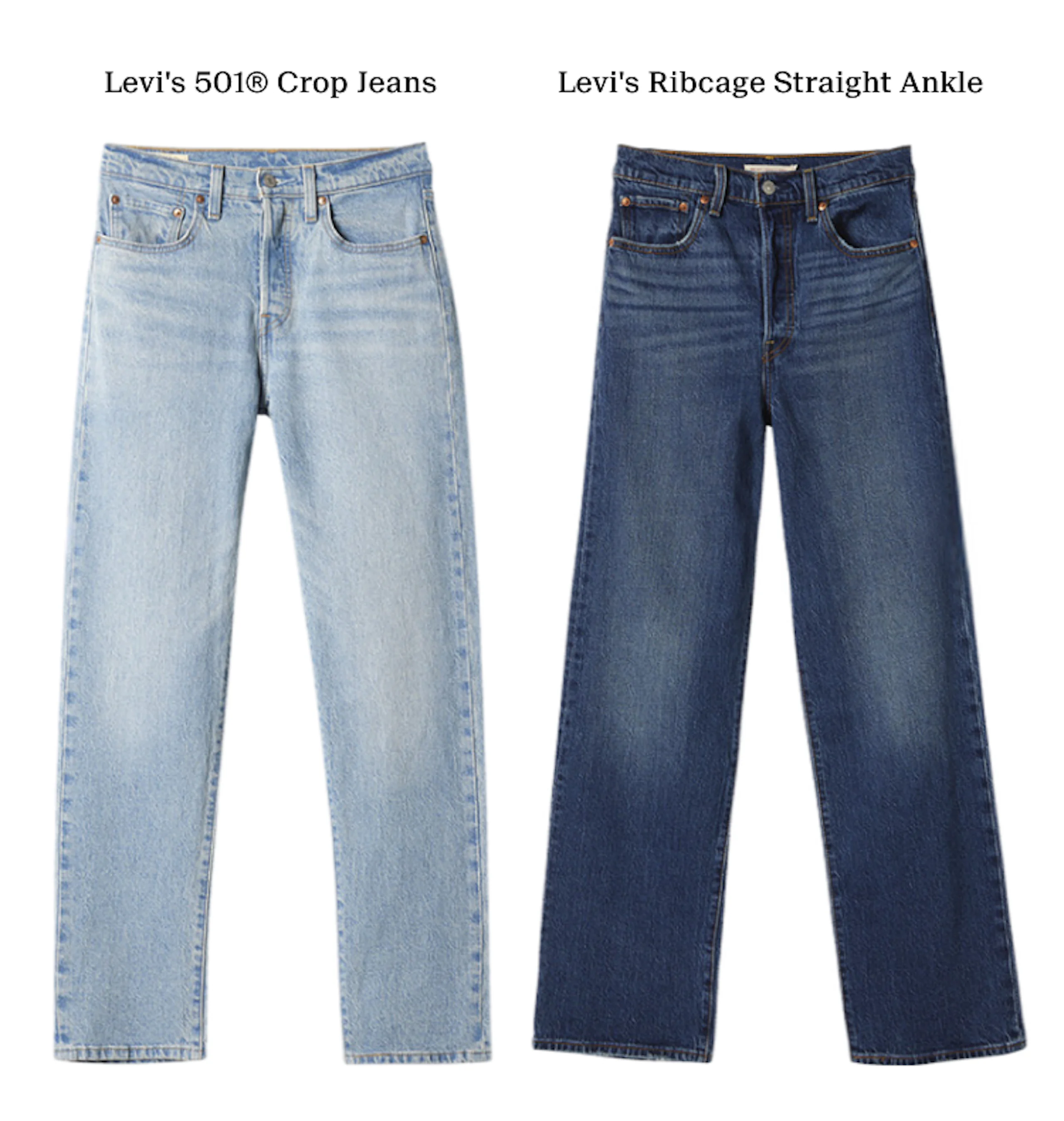 To par Levi's jeans: lyseblå 501 Crop til venstre og mørkeblå Ribcage Straight Ankle til høyre.