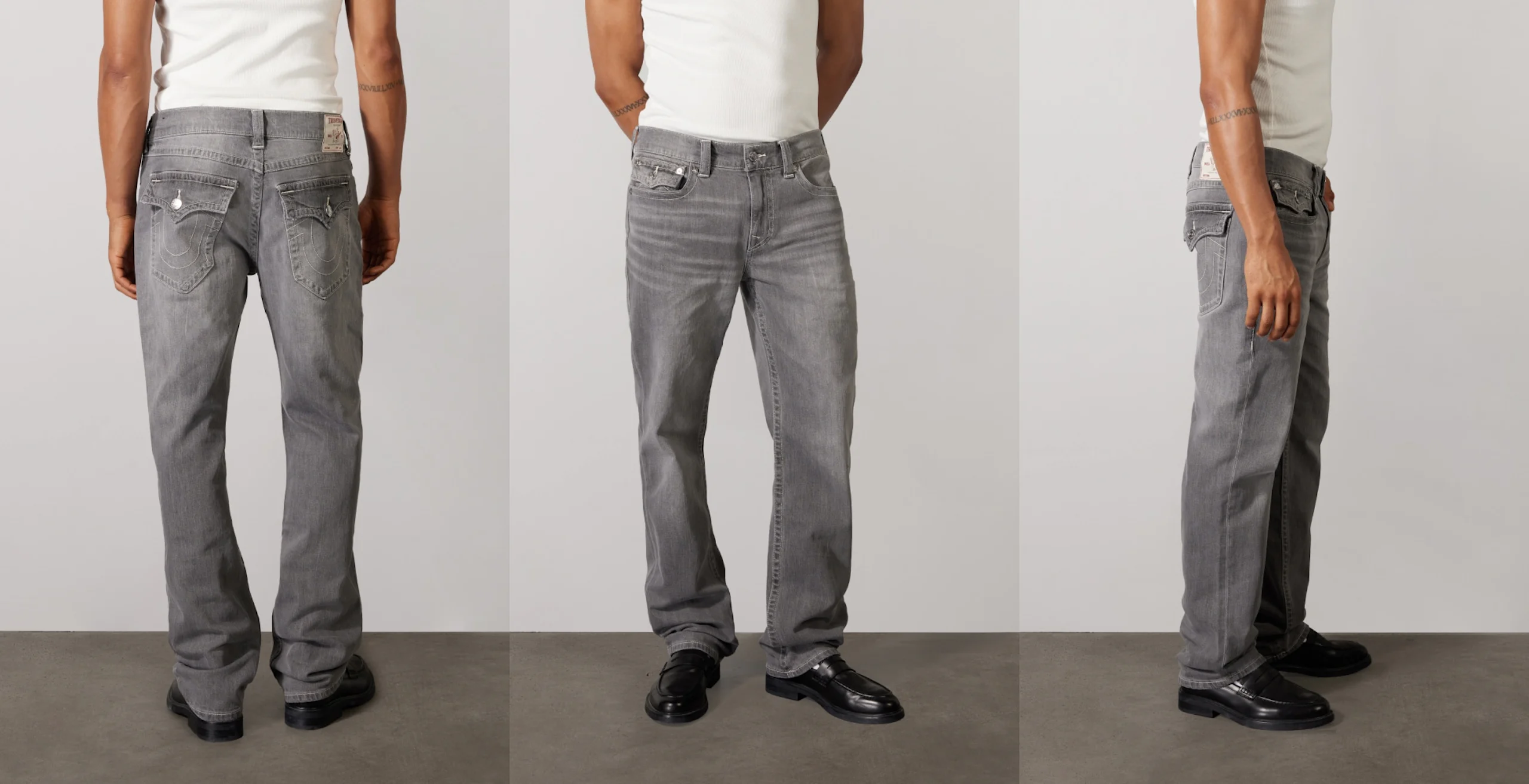 Trefältsvy av en person som bär urblekta grå avslappnade jeans och svarta loafers, visad bakifrån, framifrån och i profil.