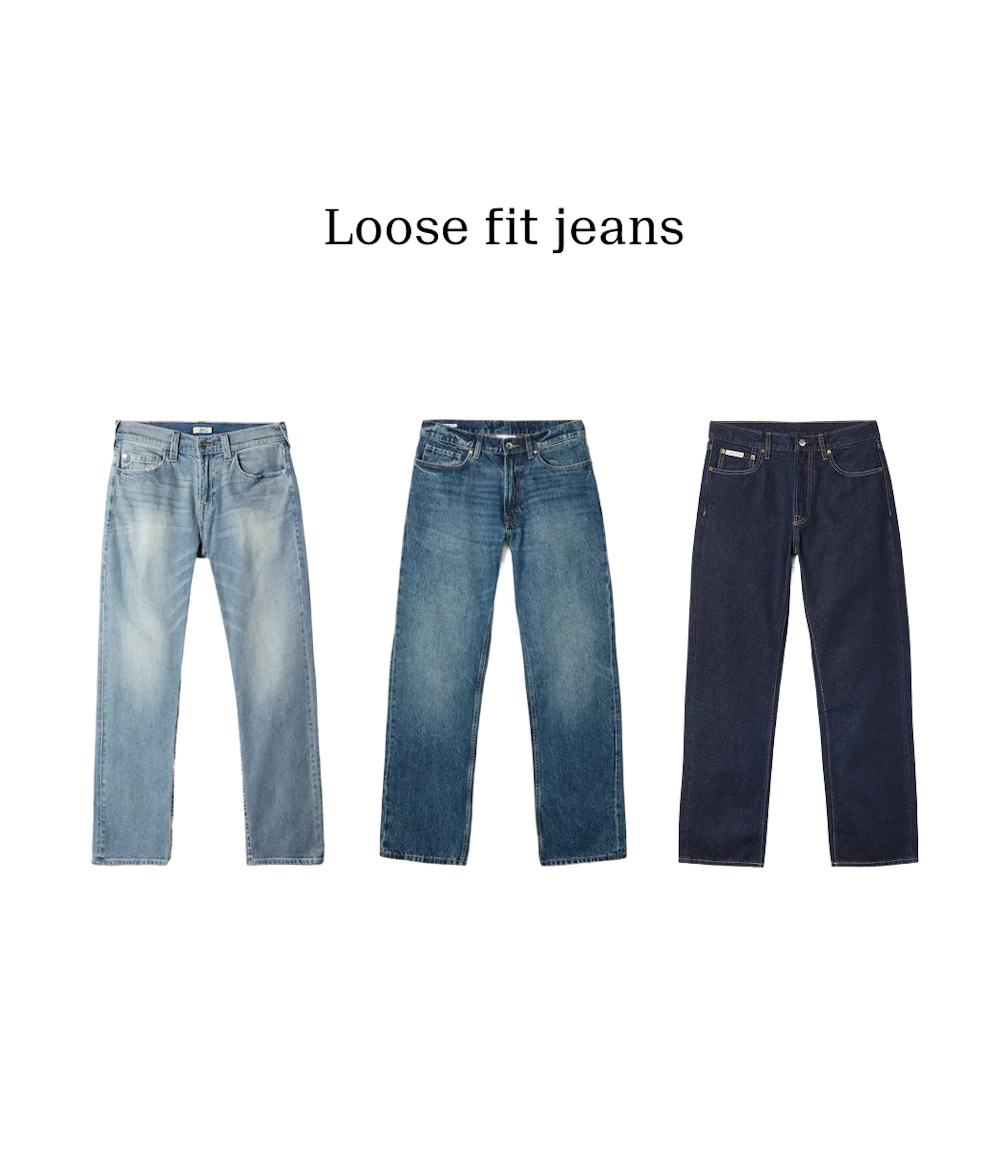 Tre par loose fit jeans i ljusblå, mellanblå och mörkblå denim, visade framifrån mot vit bakgrund.