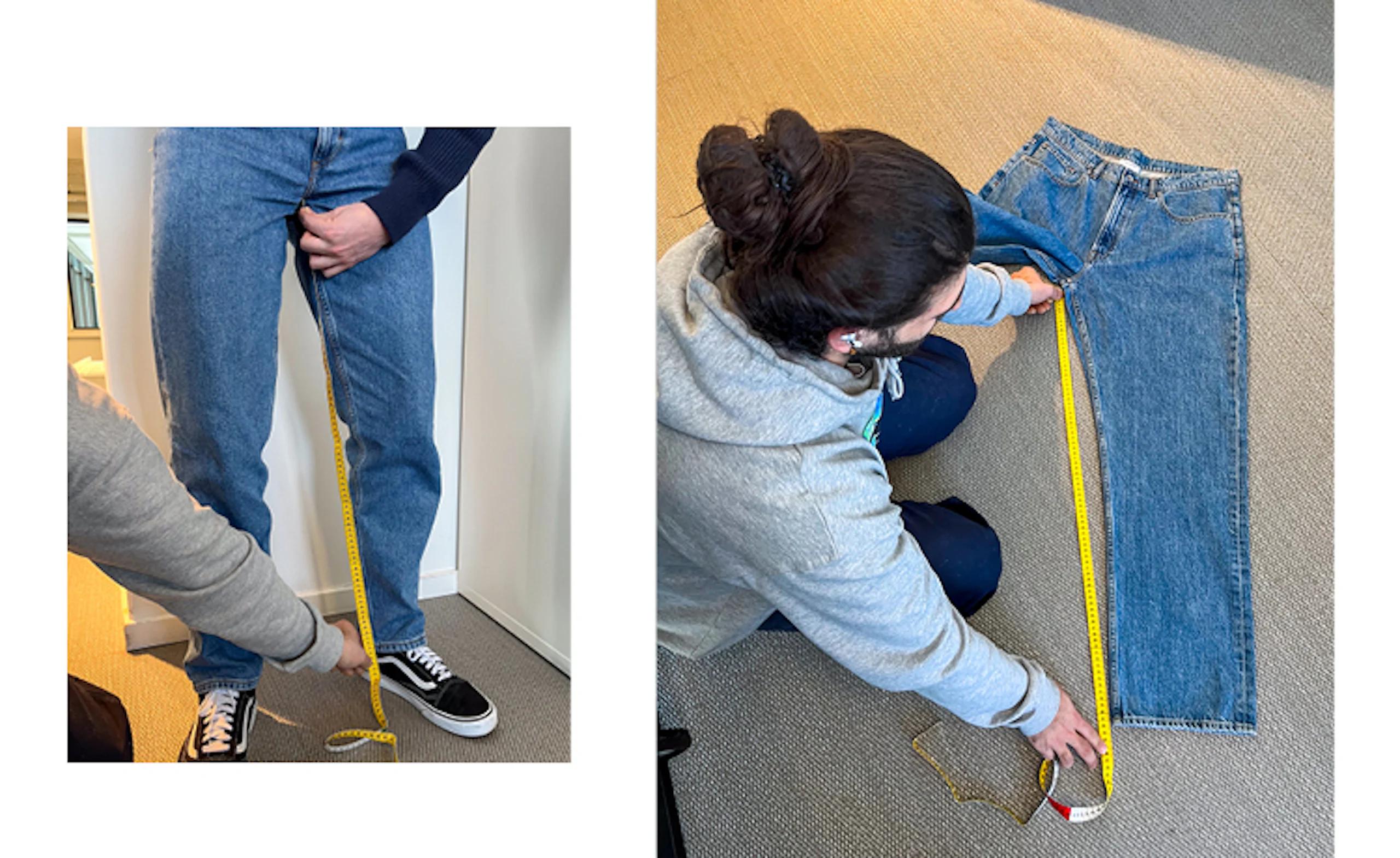 En person mäter benlängden på jeans med ett gult måttband, både på en bärare och på ett par jeans på golvet.