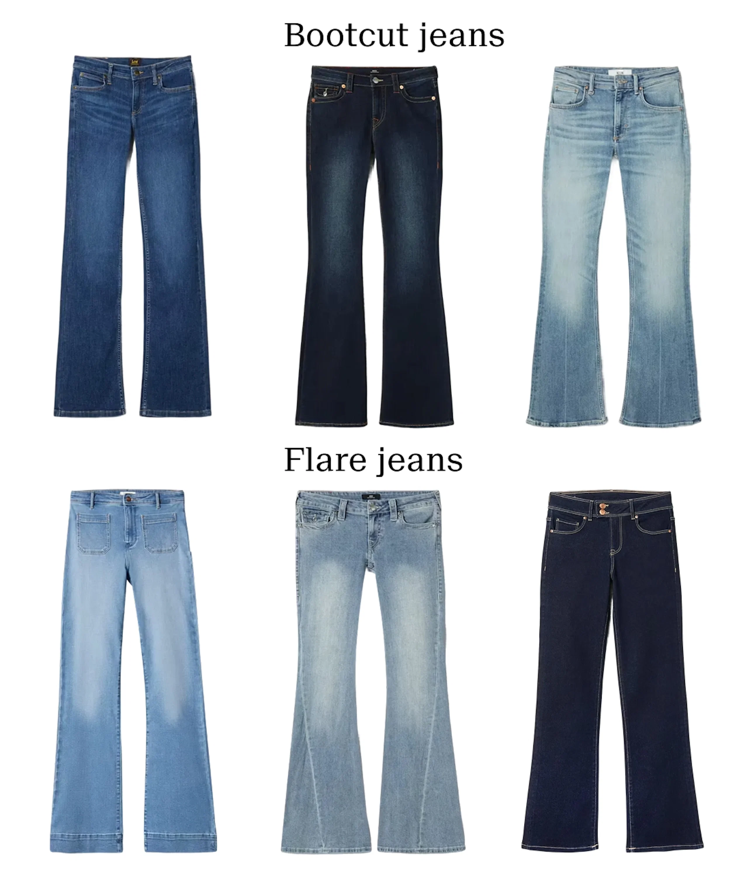 Seks par jeans i ulike blånyanser, delt i to kategorier: tre bootcut jeans øverst og tre flare jeans nederst.