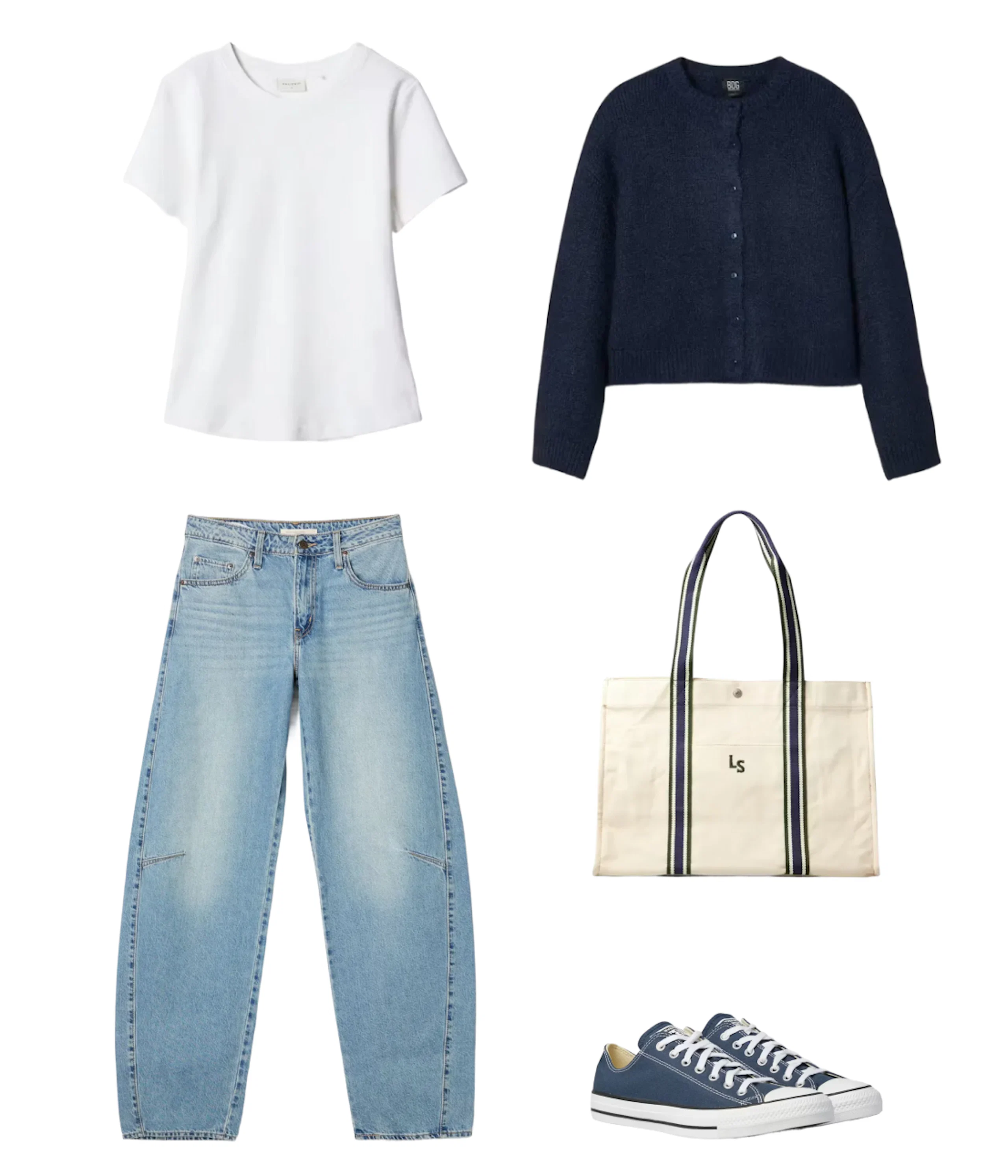 Antrekkskollasj med hvit t-skjorte, marineblå cardigan, lyse wide-leg jeans, canvas tote-bag og blå Converse-sko.