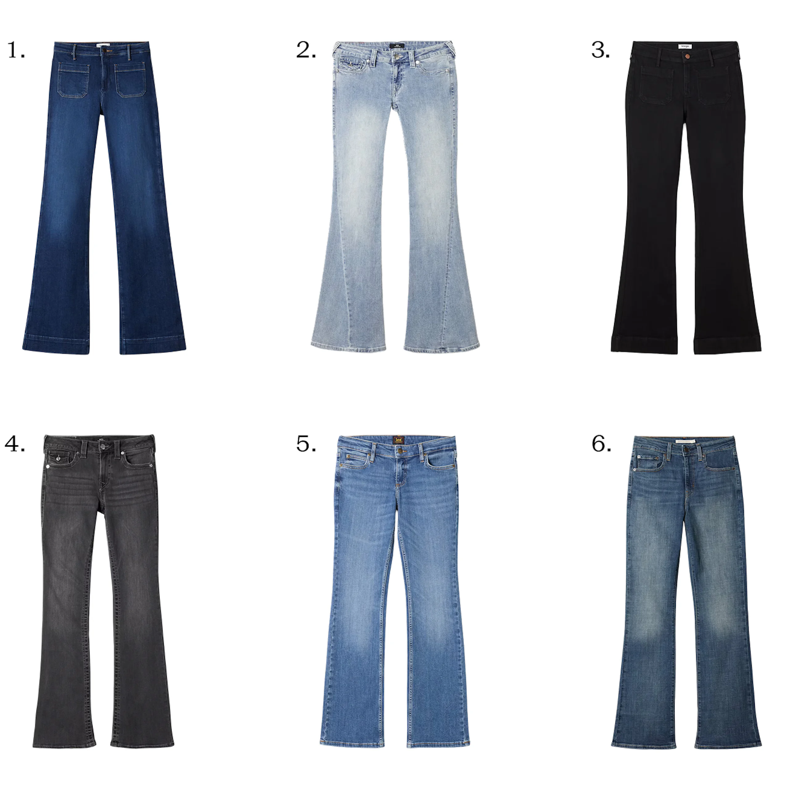 Sex par damjeans med bootcut, numrerade 1–6 i två kolumner, som visar olika tvättar från mörk indigo till ljus och svart denim.
