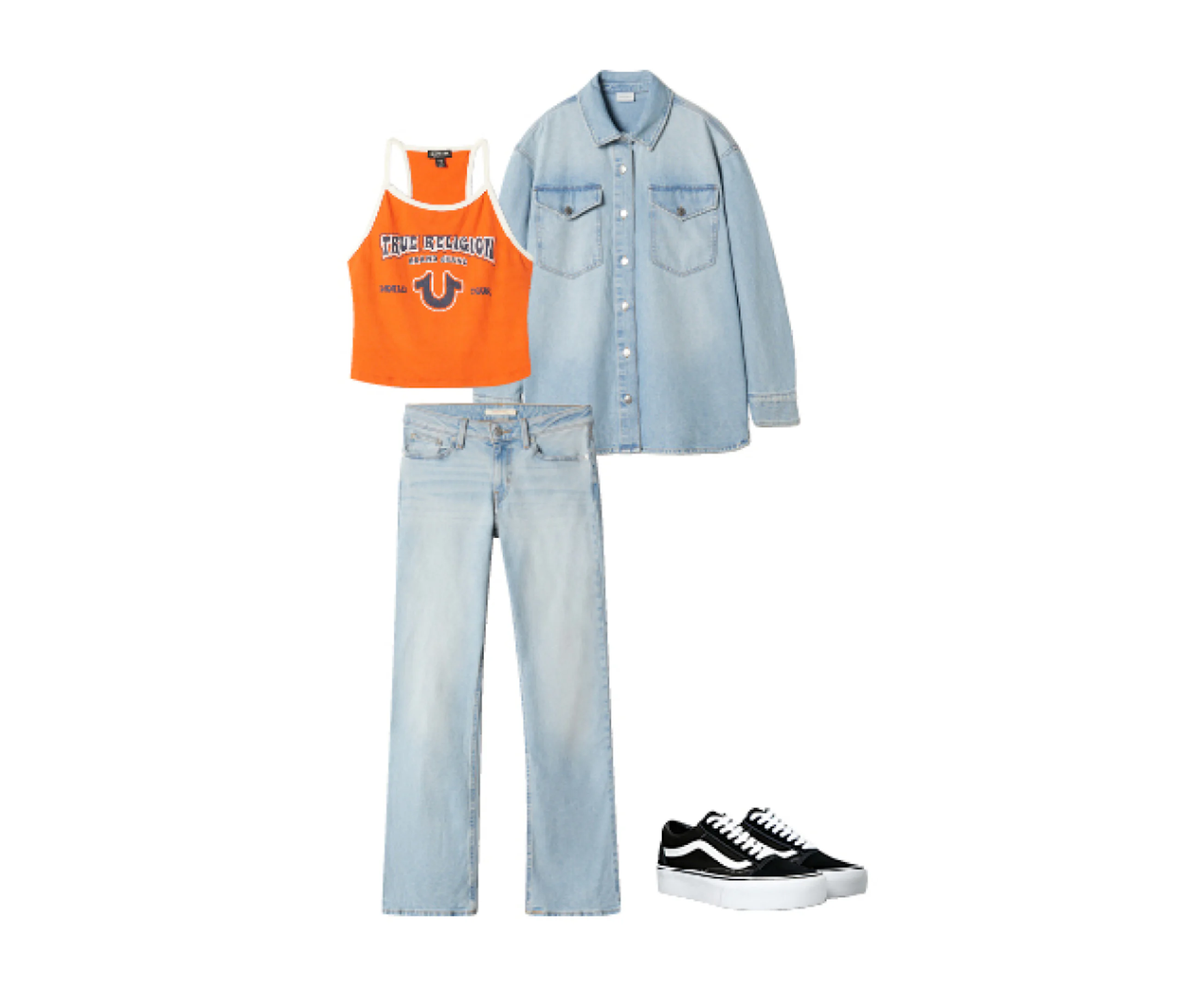Oransje True Religion-topp, lyseblå denimskjorte, lyseblå jeans og svarte Vans-sneakers lagt ut som et antrekk.