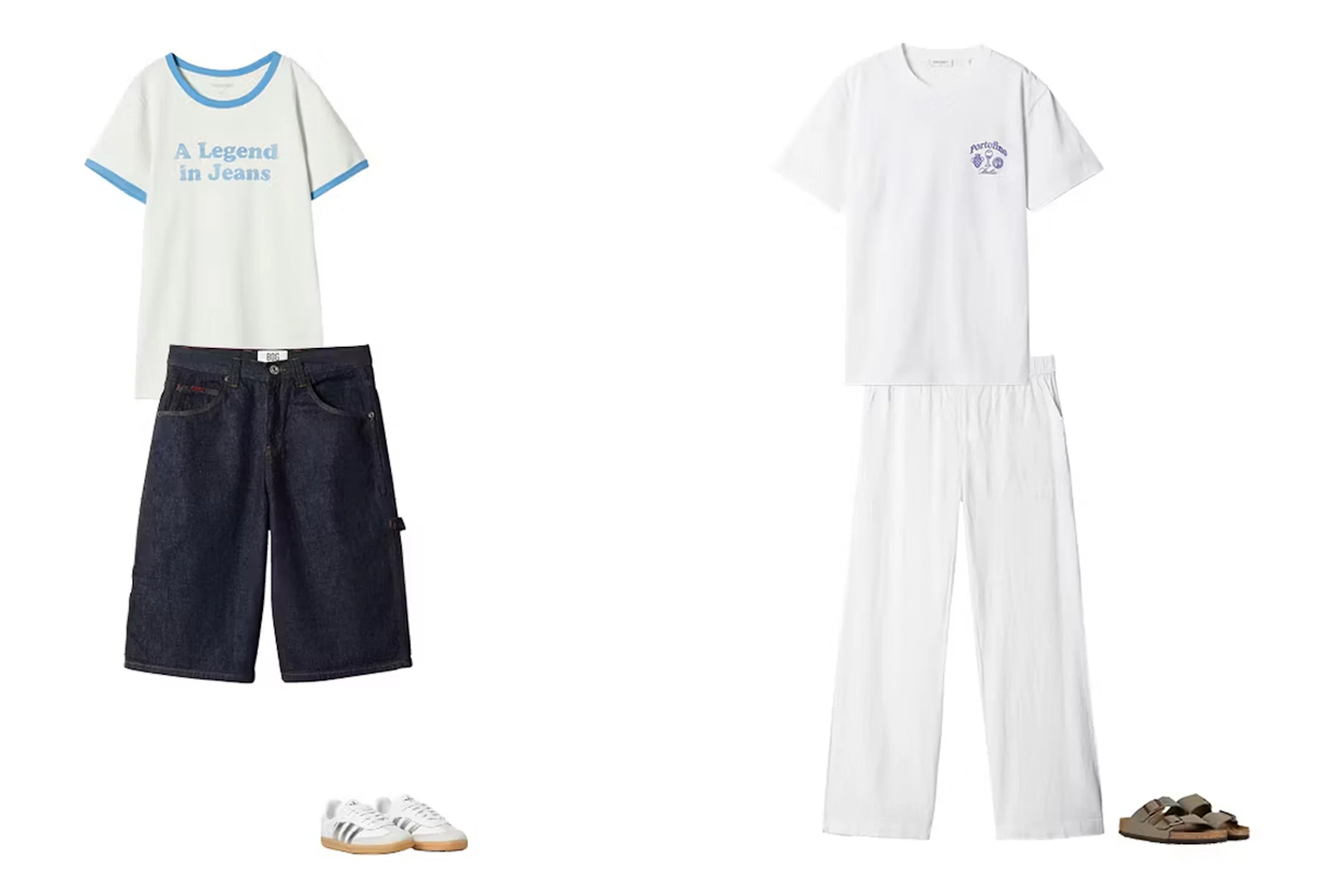 Två outfits: vit t-shirt med blå text och jeansshorts med sneakers, samt vit t-shirt med vita byxor och sandaler.