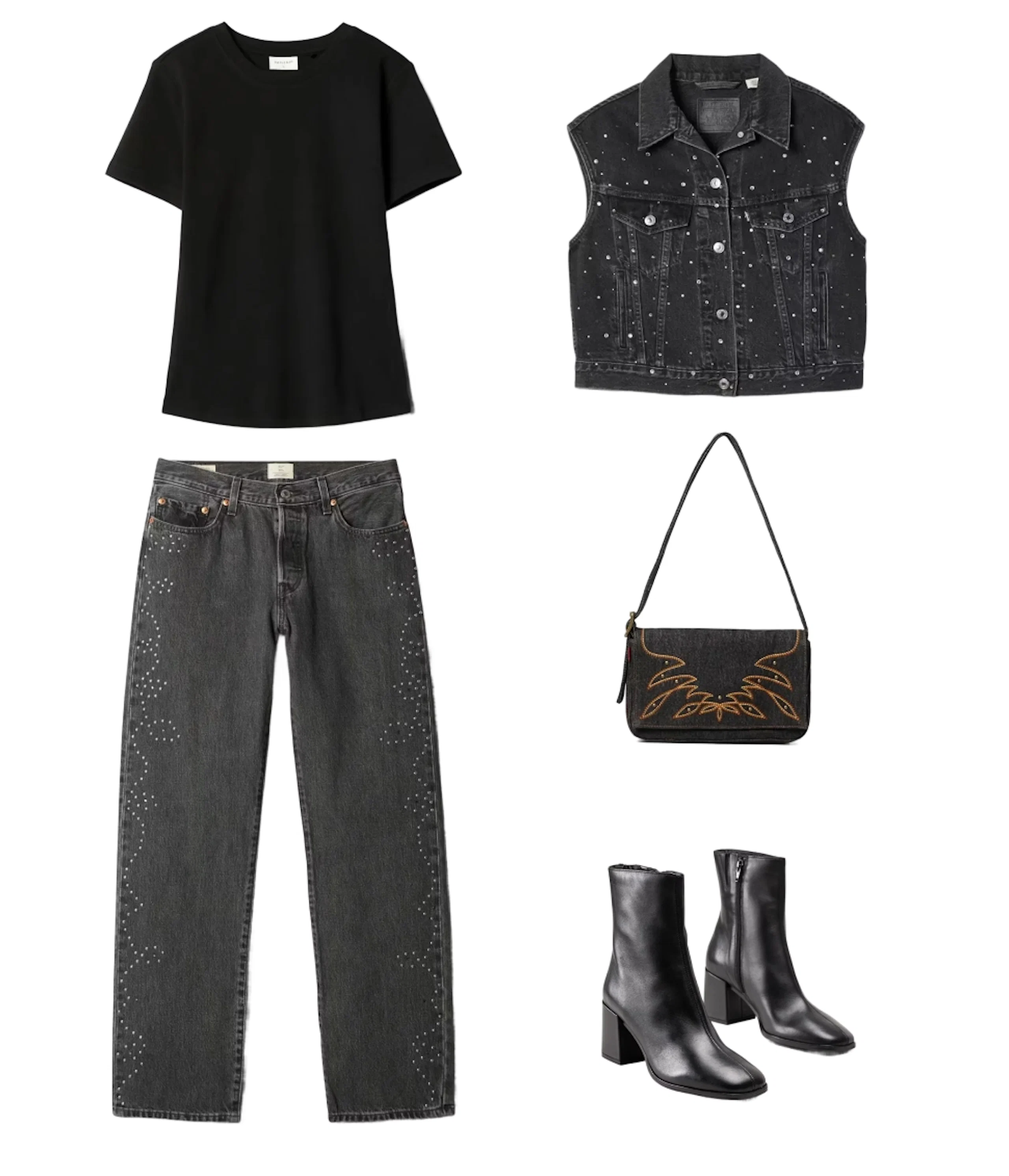 Svart antrekk med t-skjorte, denimvest med strass, grå jeans med nagler, brodert skulderveske og ankelstøvletter.