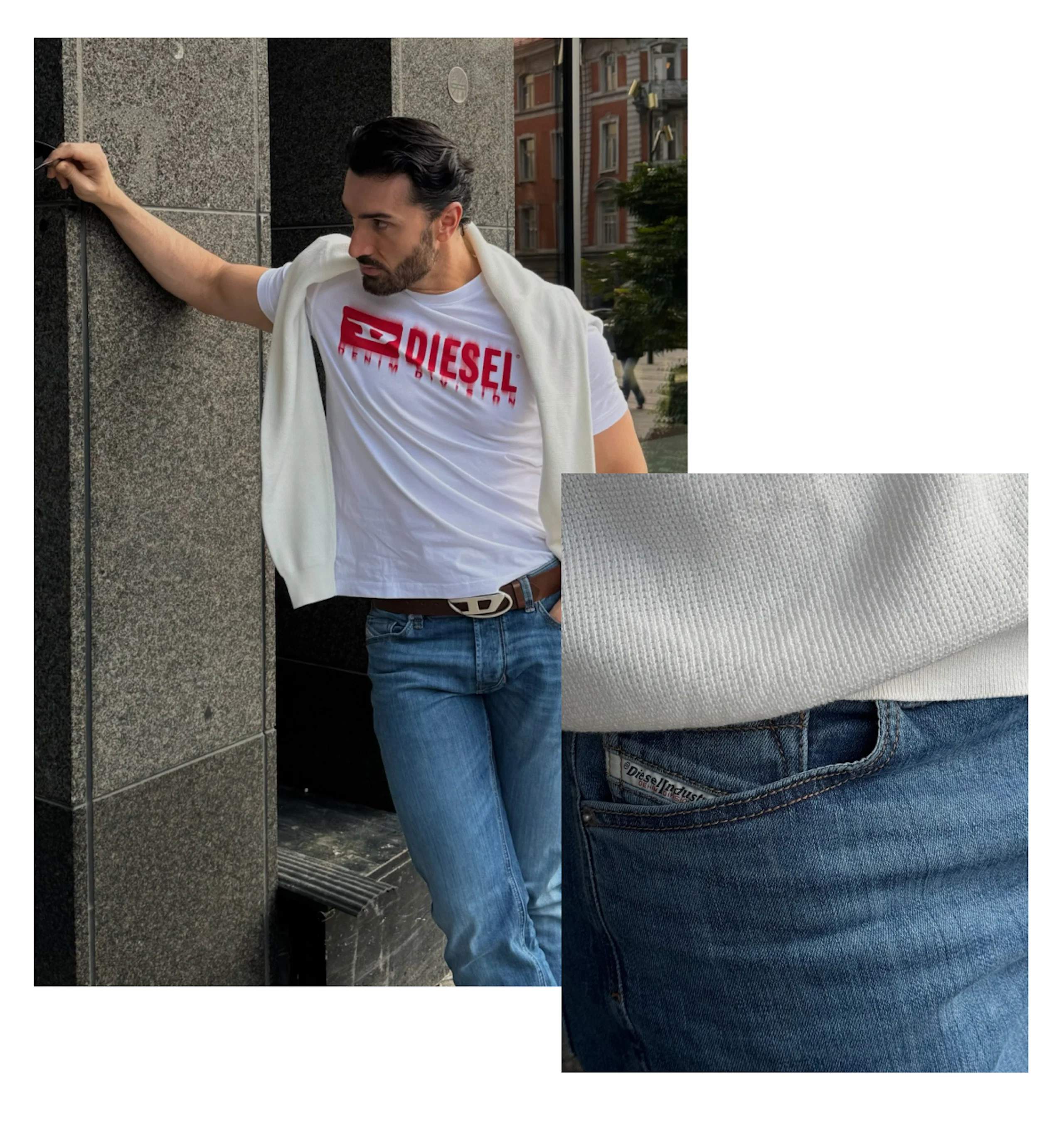 Man i vit Diesel-t-shirt och ljusblå jeans lutar mot en vägg. Närbild visar Diesel-etiketten på jeansen.
