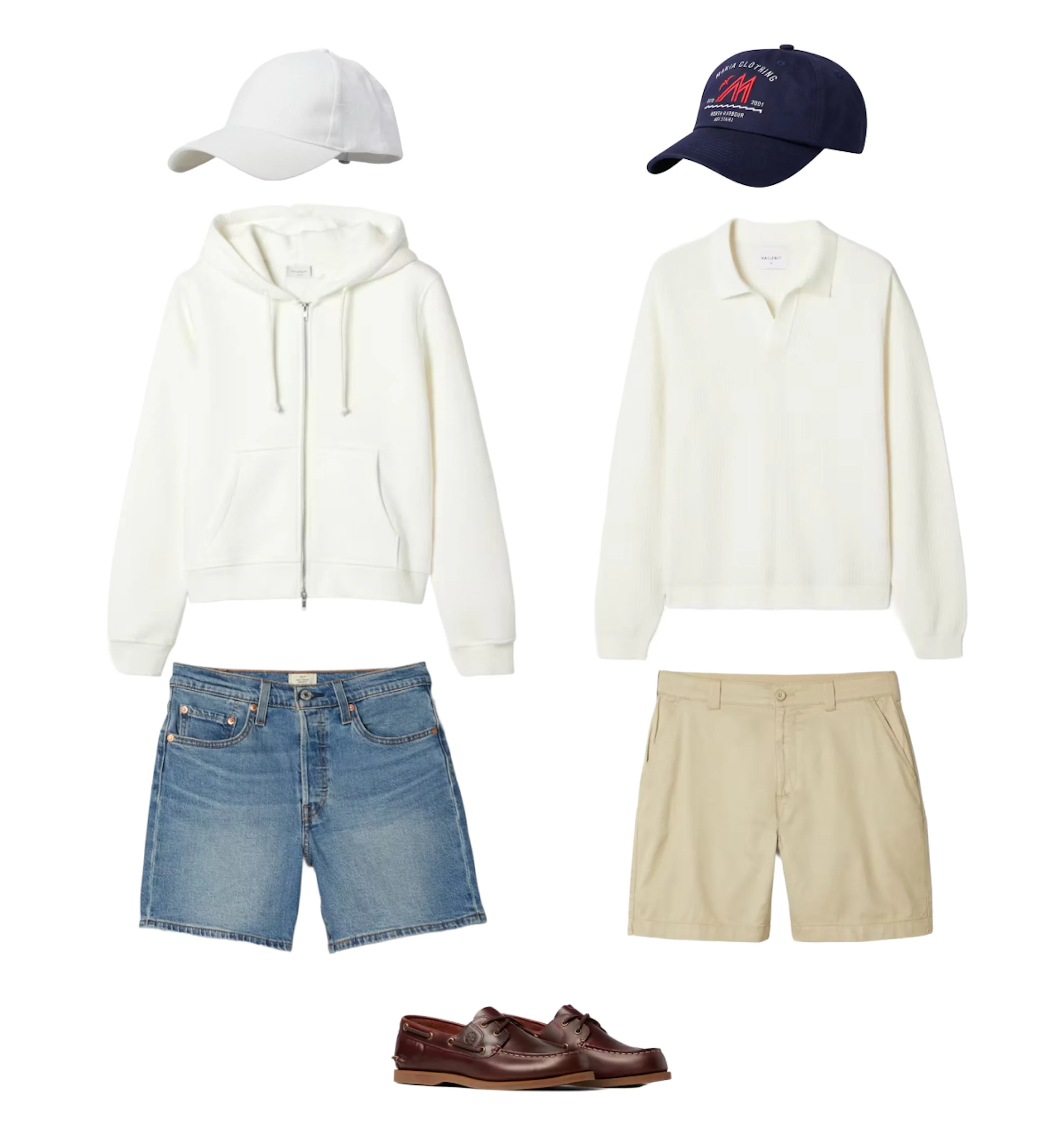 Två outfits med vita toppar, kepsar, shorts och bruna båtskor. Vit hoodie med jeansshorts och vit polotröja med beigea shorts.
