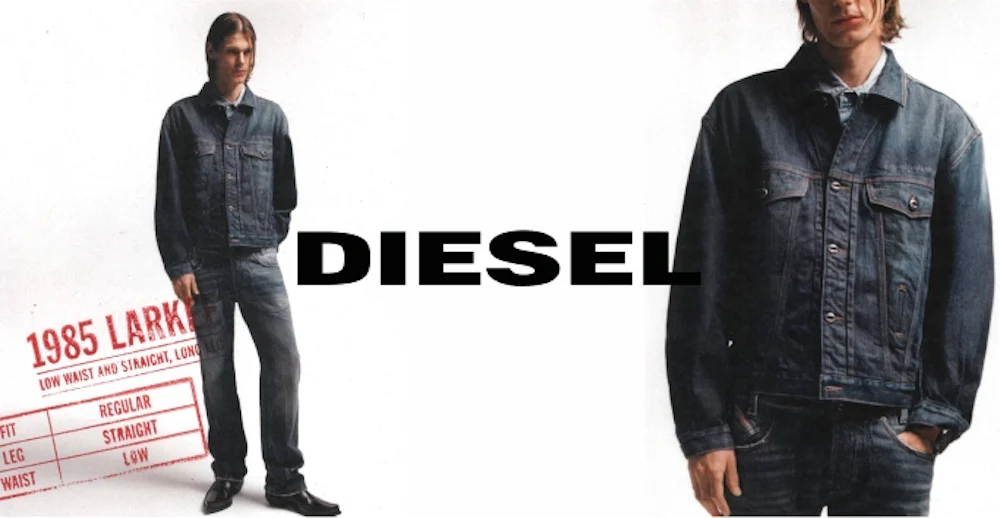 Mann iført Diesel denimjakke og jeans, vist i hel- og halvfigur. Teksten "DIESEL" og "1985 Larkee" vises.