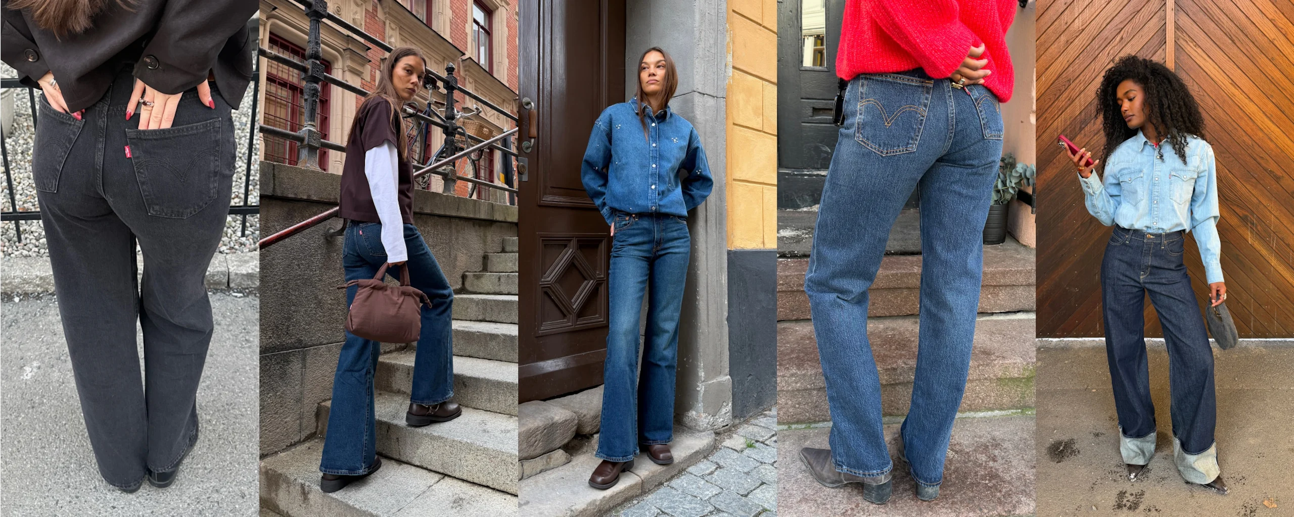 Fem kvinner som modellerer ulike stiler av blå og svarte jeans i urbane utendørs omgivelser, vist i full lengde og fra bak- eller sidevinkler.