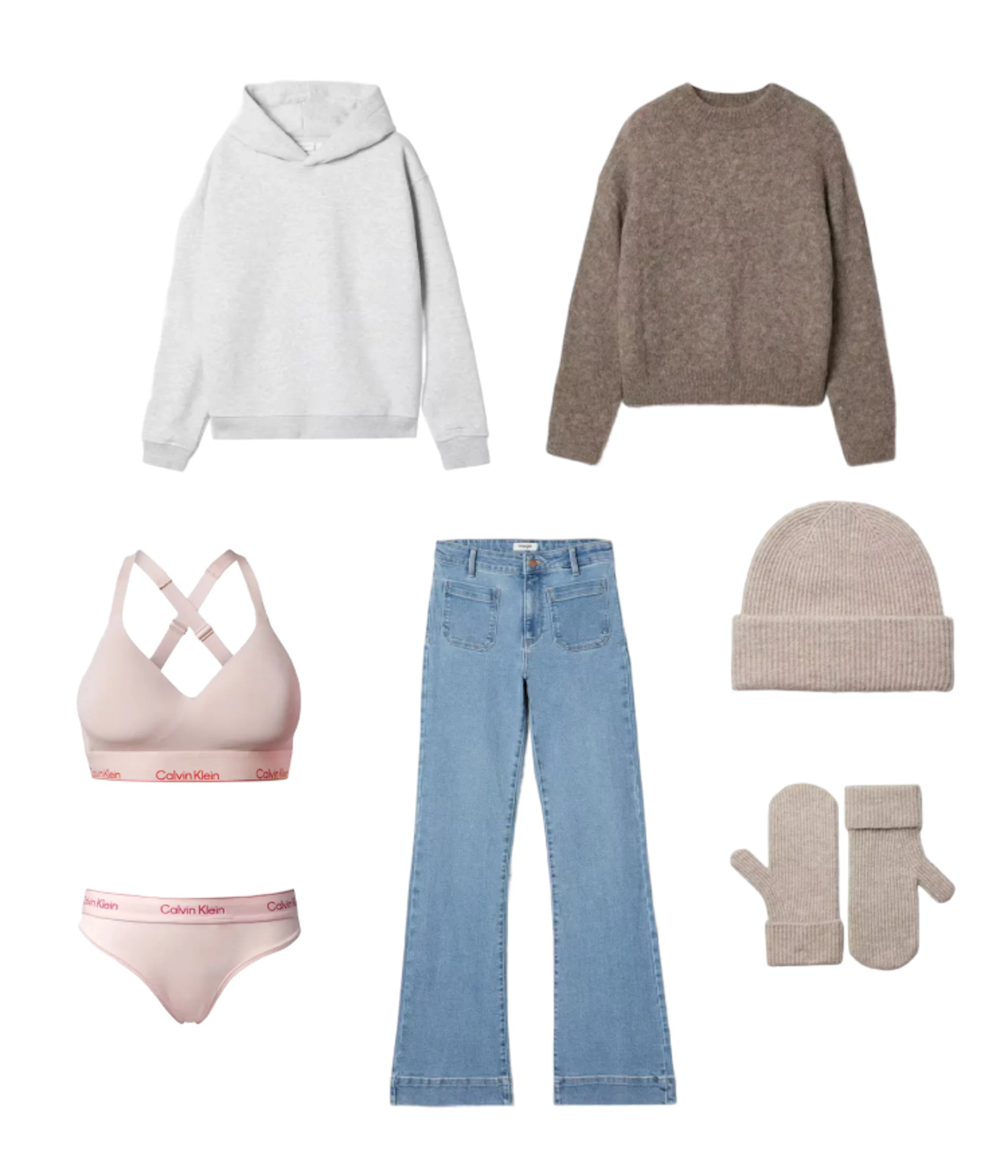 Kollasj av klær: grå hettegenser, brun strikket genser, lyseblå flare jeans, rosa Calvin Klein undertøy, beige lue og votter.