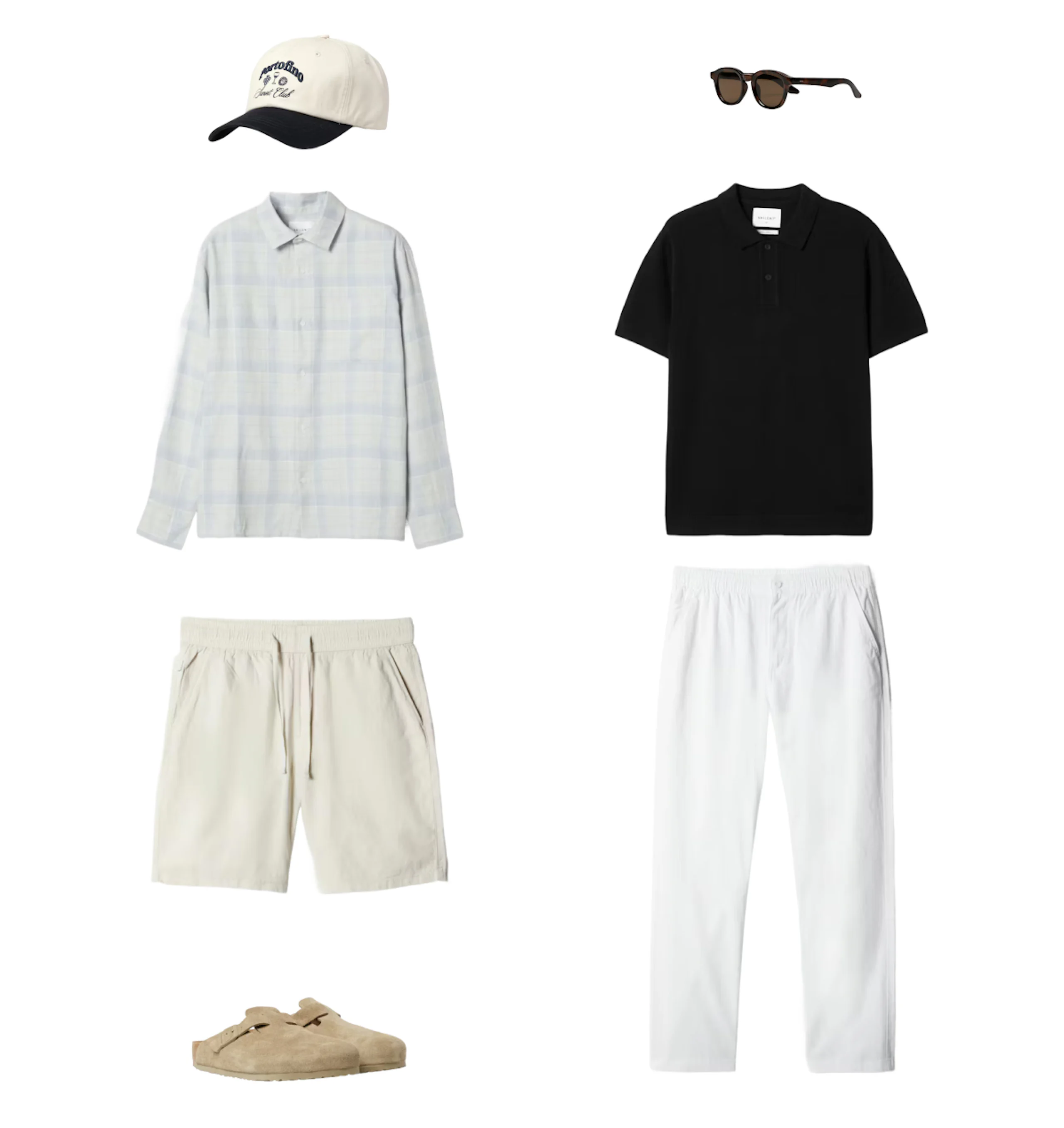 Kollasj av herreklær: caps, solbriller, rutete skjorte, sort polo, beige shorts, hvite bukser og sandaler.