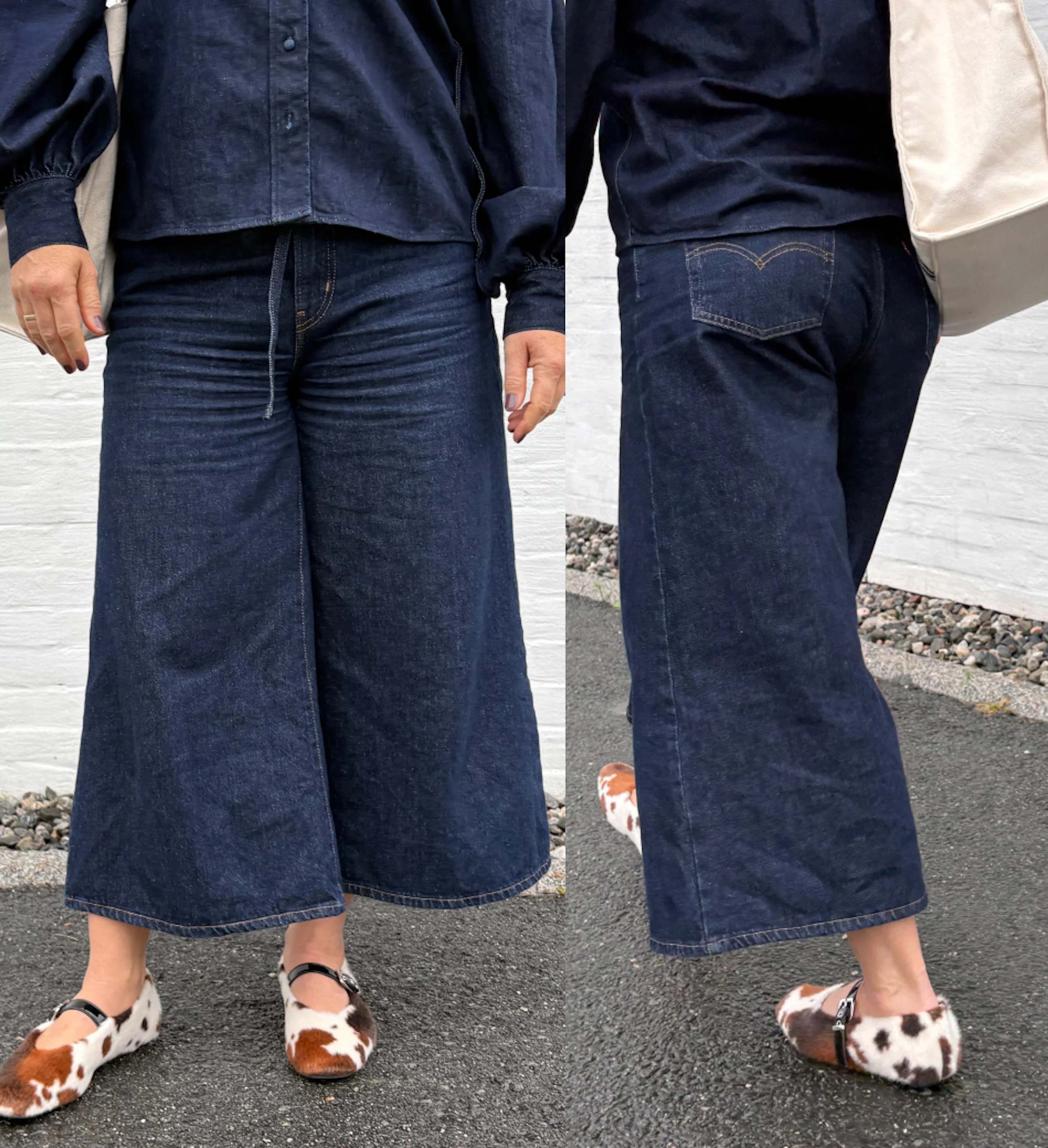 Fram- och bakvy av mörkblå vida jeans med mörkblå skjorta och koмönstrade ballerinaskor.