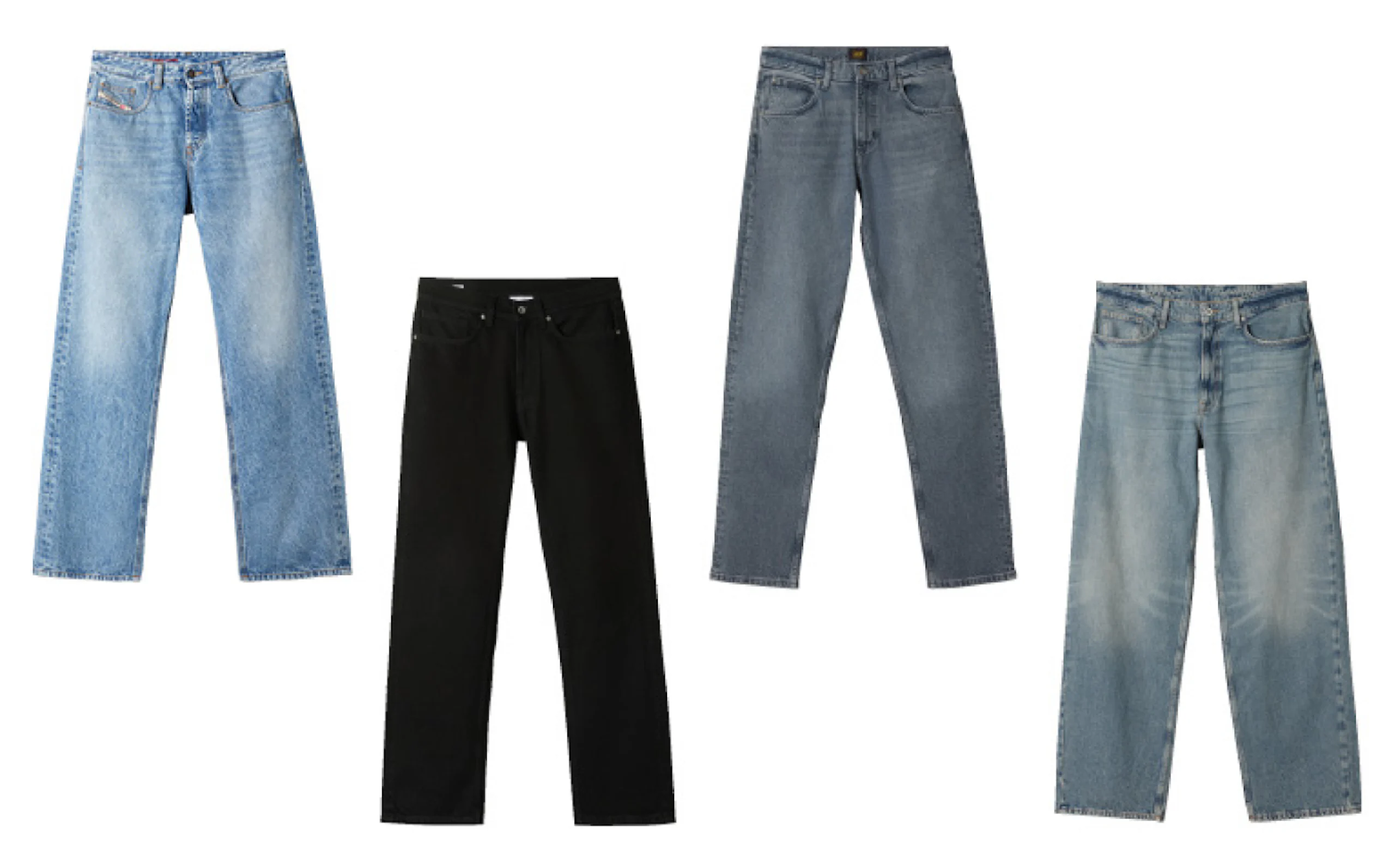 Fyra par jeans i olika stilar: ljusblå vida, svarta raka, gråblå smala och ljusblå avslappnade.