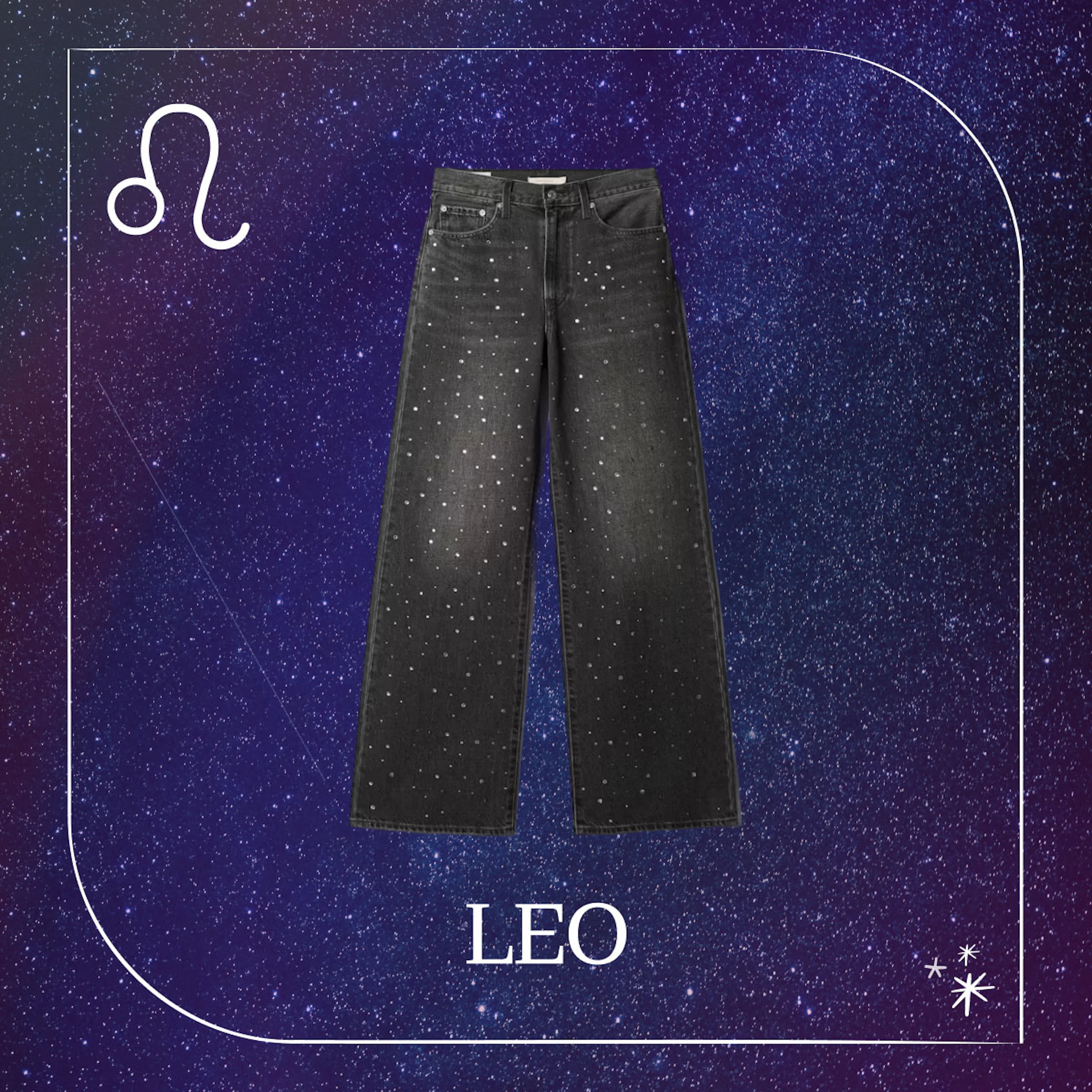 Mørke jeans med glitterprikker mot en lilla stjernehimmel. Leo-stjernetegnsymbol og teksten "LEO" vises.