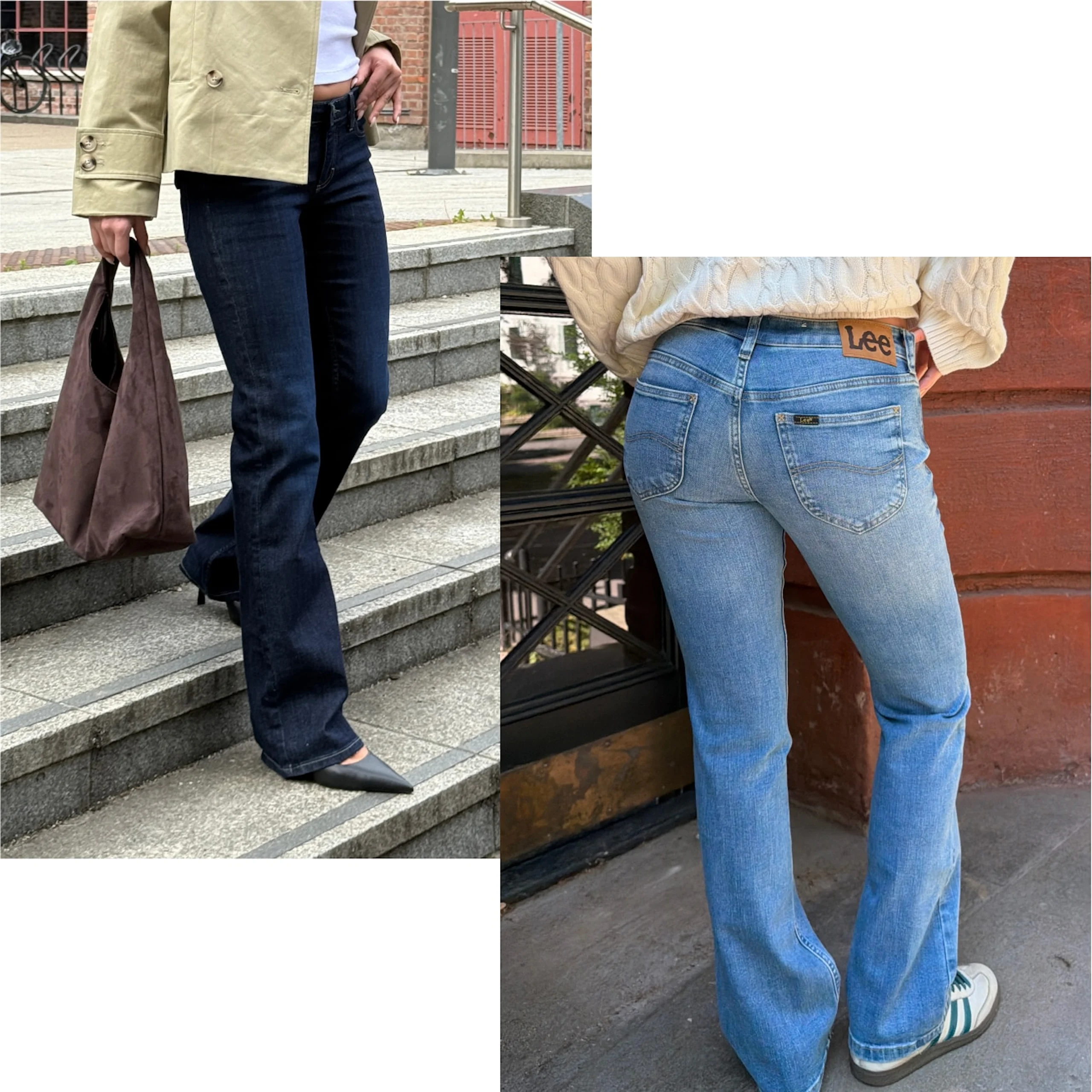 Två kvinnor i utsvängda jeans: till vänster i mörk tvätt med spetsiga klackar och brunt tygkasse som går nerför stensteg; till höger i ljus tvätt Lee-jeans med sneakers som står vid en röd tegelvägg.