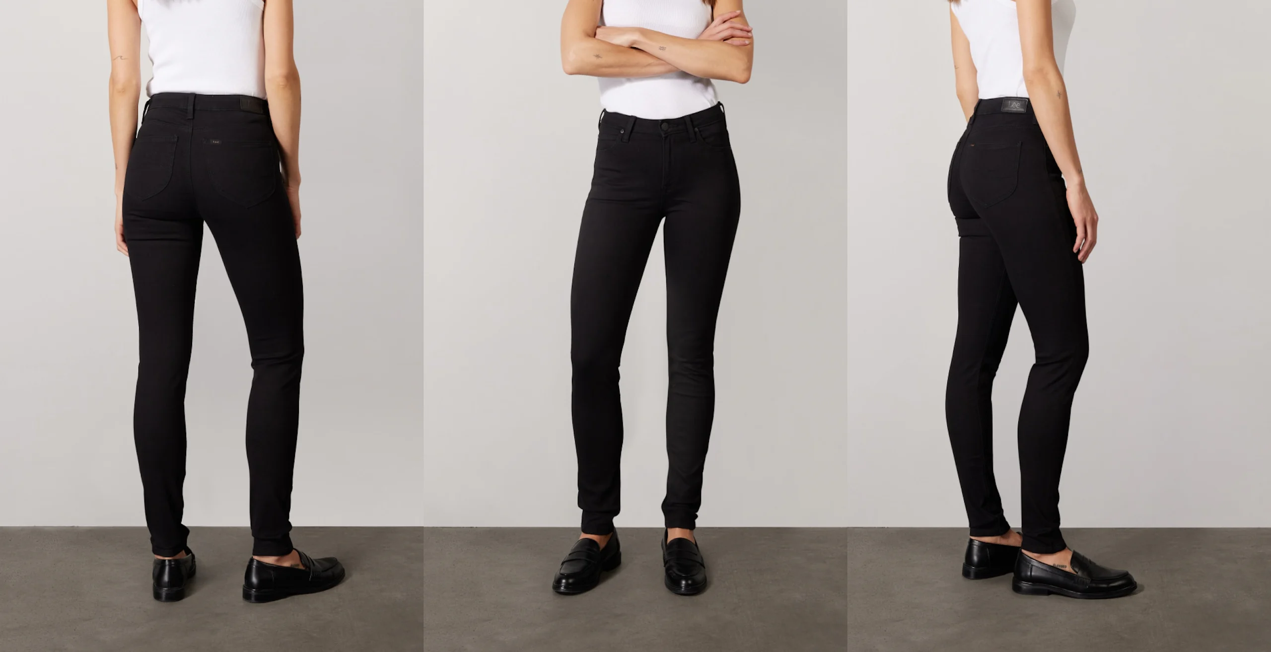 Kvinna i högmidjade svarta skinny-jeans och vit linne, visad bakifrån, framifrån och från sidan mot neutral studiobakgrund.