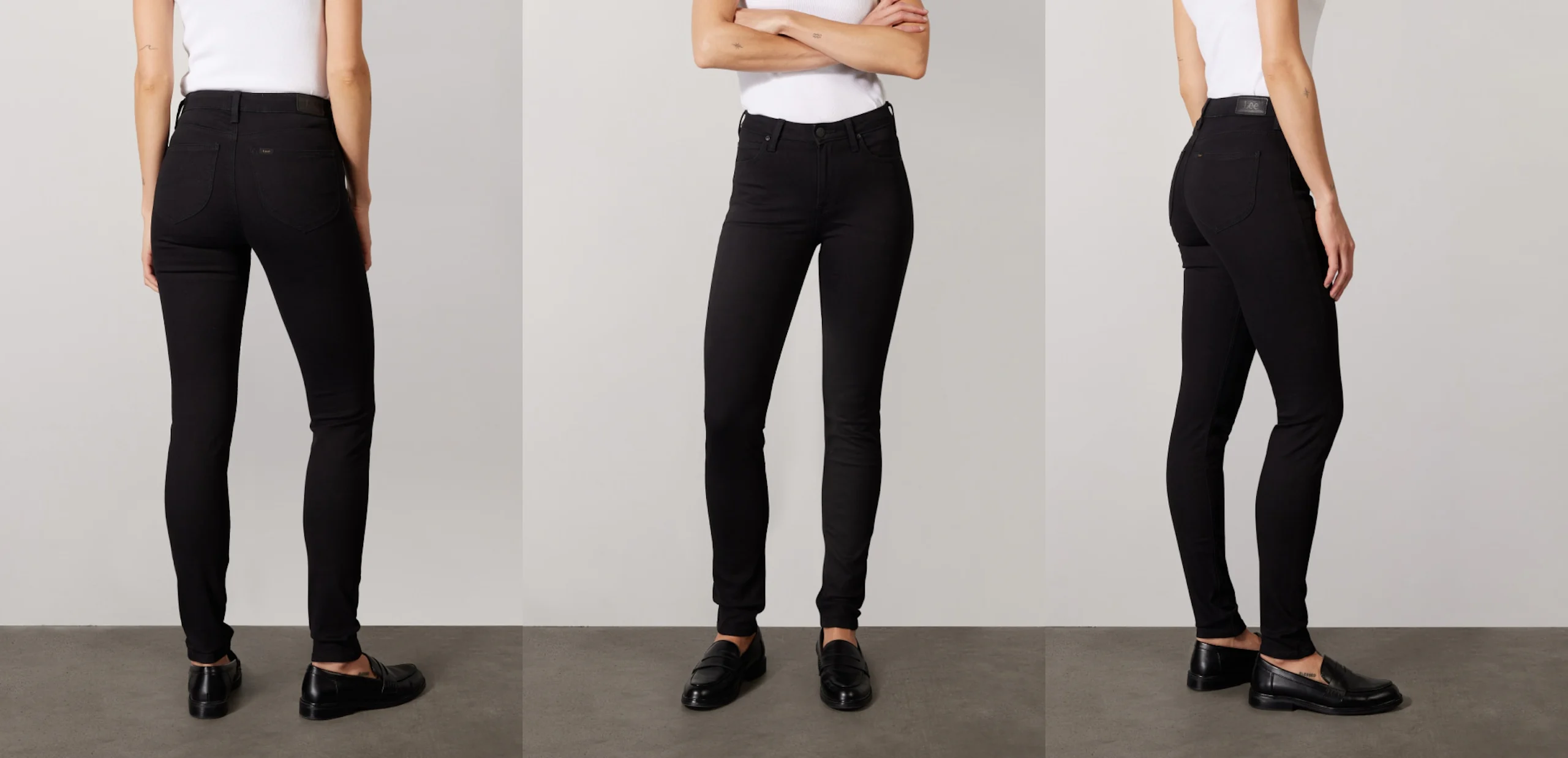 Kvinna i högmidjade svarta skinny-jeans och vit linne, visad bakifrån, framifrån och från sidan mot neutral studiobakgrund.