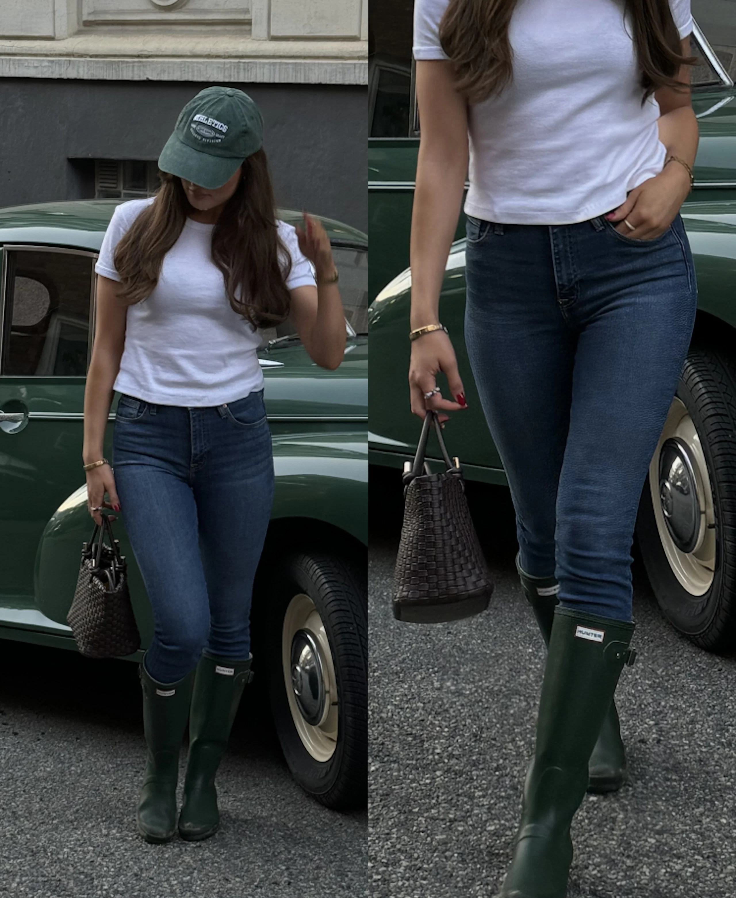 Kvinne i hvit t-skjorte, blå jeans, grønne Hunter-støvler og grønn caps, med flettet veske foran en grønn vintage bil.