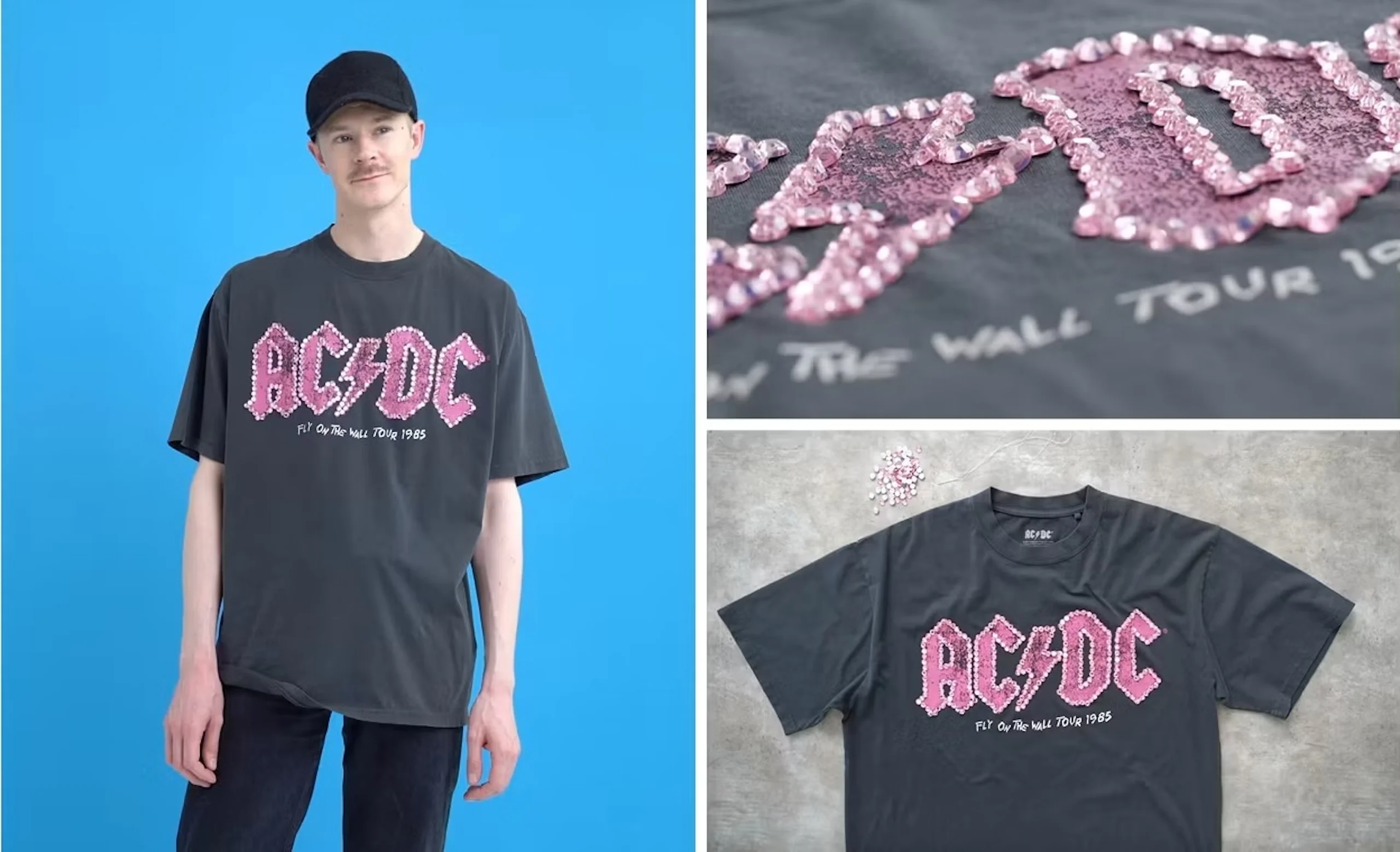 Man som bär svart keps och överstor urblekt svart AC/DC-T‑shirt med rosa paljettlogo där det står "Fly On The Wall Tour 1985", visad i närbild och flat-lay.