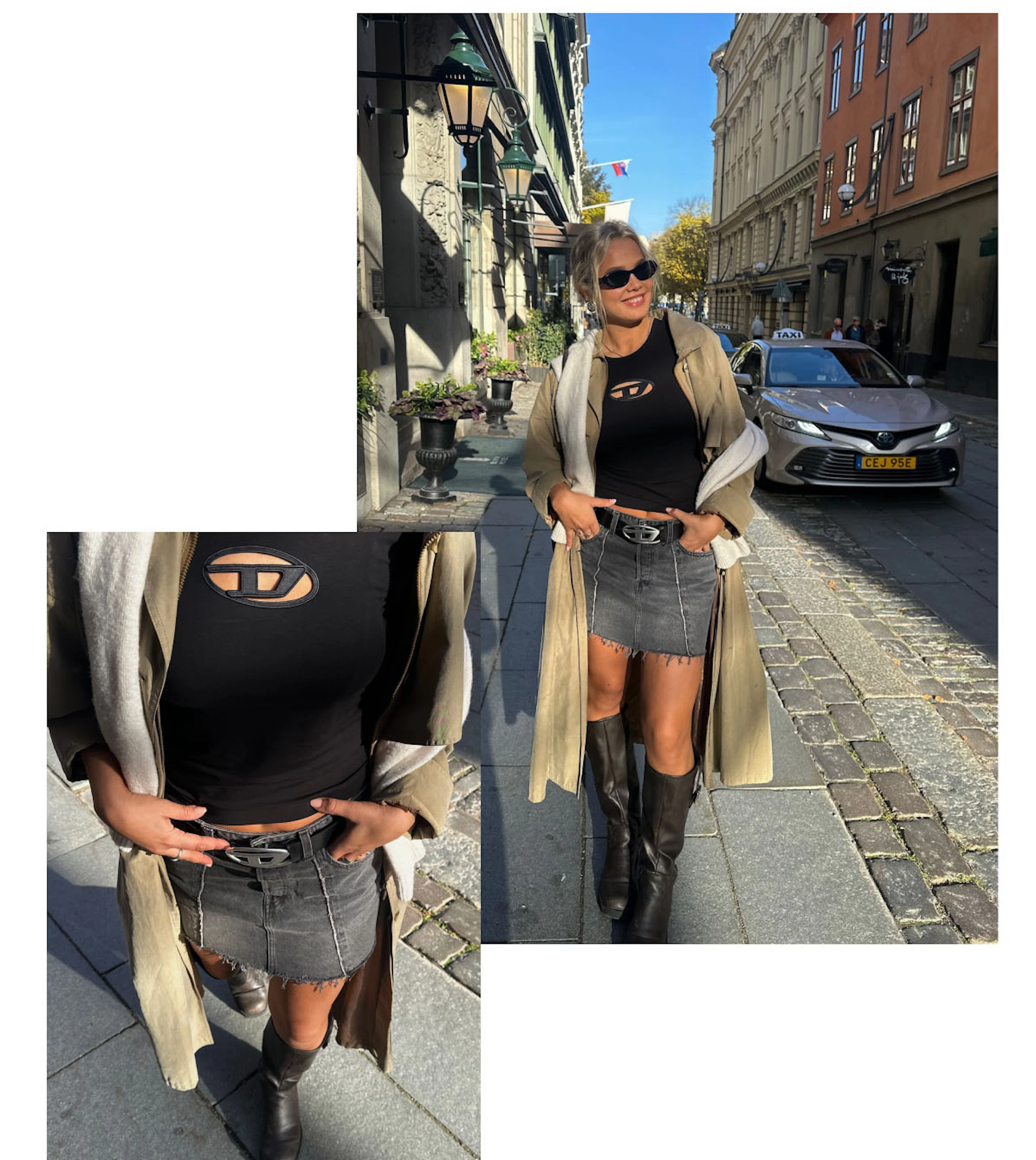Kvinna i Diesel-topp, grå jeanskjol, beige trenchcoat och svarta knähöga stövlar poserar på en solig stadsgata.