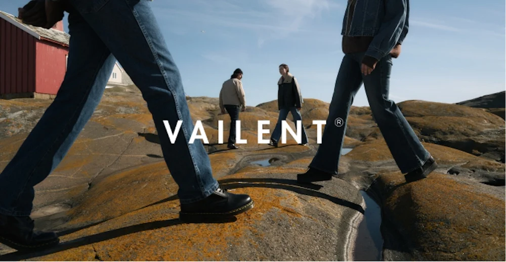 Neljä henkilöä farkkuihin pukeutuneena kävelee kallioilla sinisen taivaan alla. Vailent-logo kuvassa.