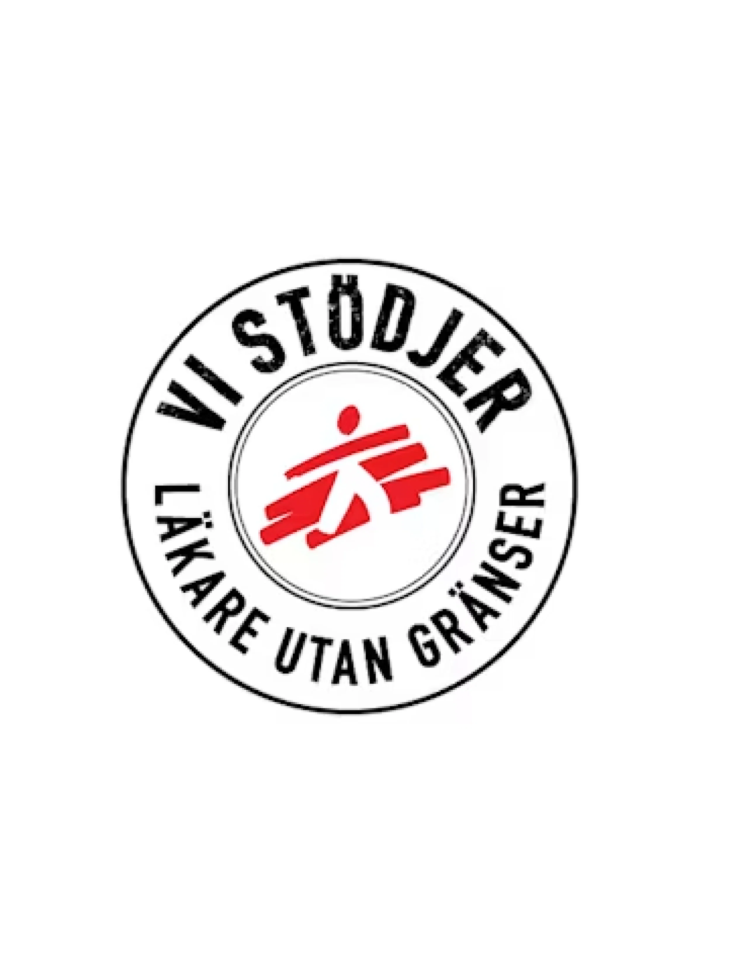 Rund stämpel-logotyp med texten Vi stödjer Läkare Utan Gränser och organisationens röda symbol i mitten.