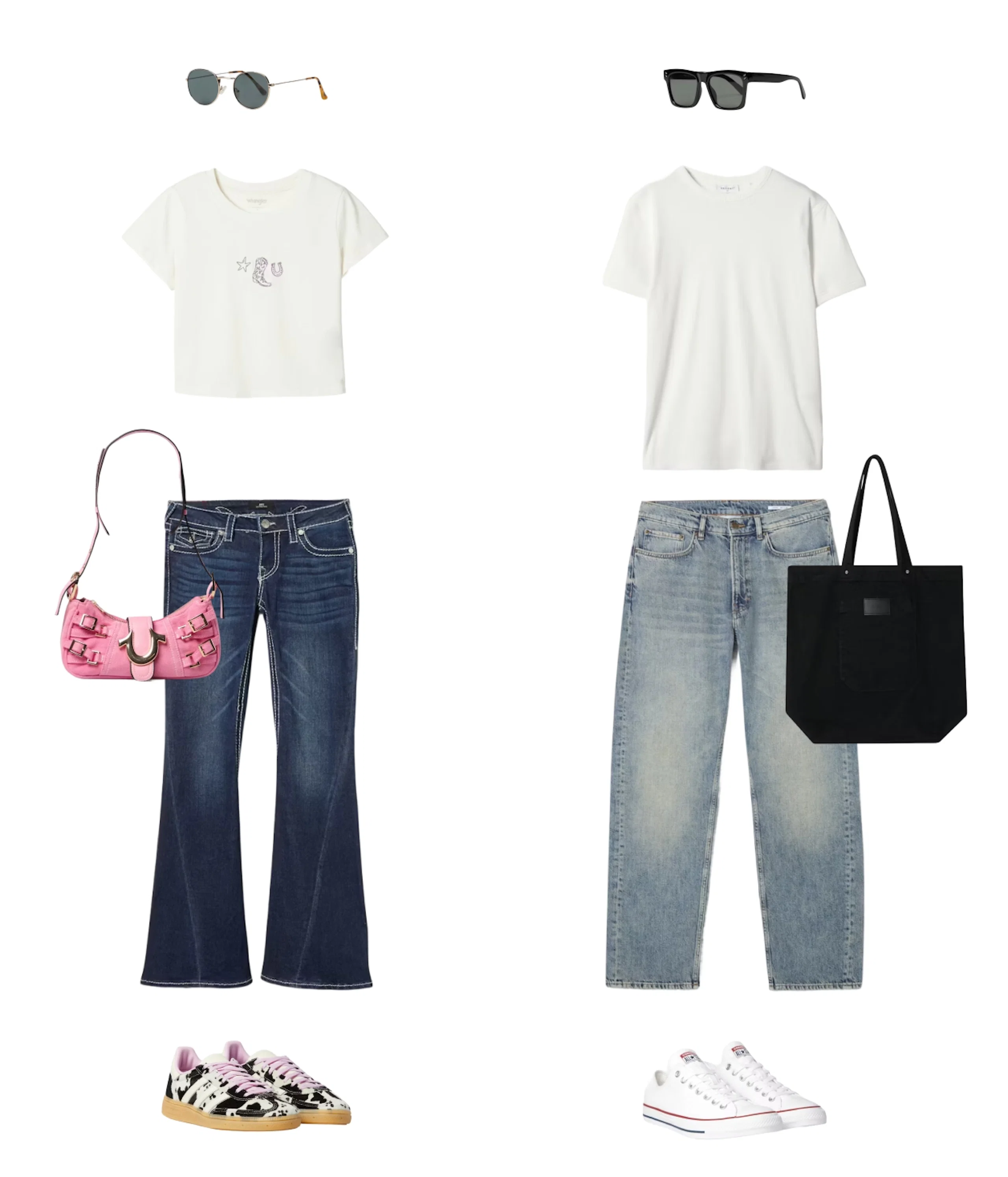 Kaksi casual-asua: vaalea t-paita, tummat flarejeans, pinkki laukku ja kirjavat tennarit sekä valkoinen t-paita, vaaleat farkut, musta tote ja Converse.