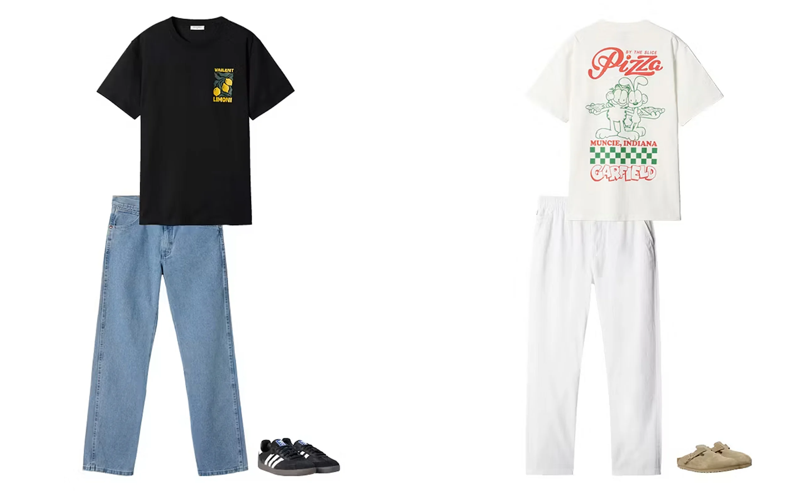 Två outfits: svart t-shirt med citrontryck, ljusblå jeans och svarta sneakers. Vit Garfield pizza-t-shirt, vita byxor och beige tofflor.