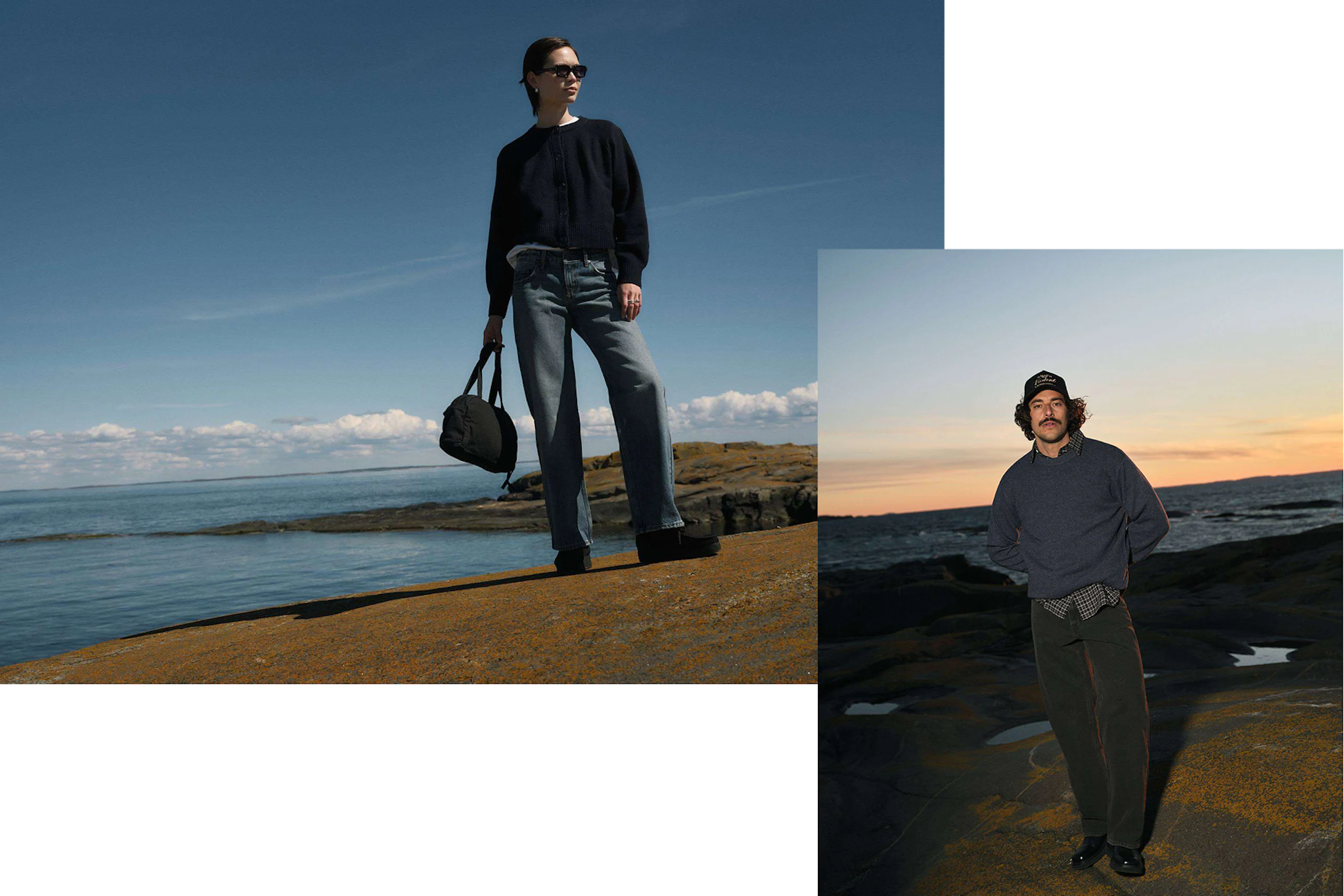 Kvinne i mørk cardigan og jeans med veske på klippe ved havet. Mann i grå genser og caps ved solnedgang over havet.