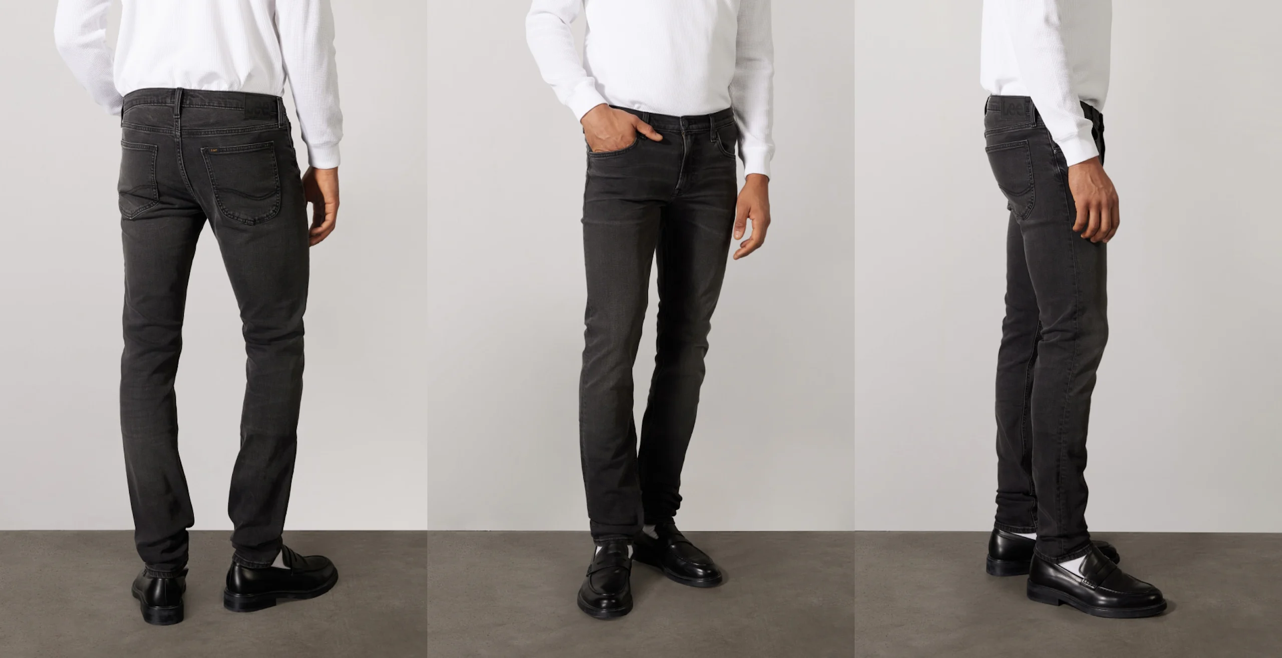 Fram-, sida- och bakåtblick av en modell som bär slim-fit blekta svarta jeans med händerna i fickorna och svarta loafers mot en neutral studiobakgrund.