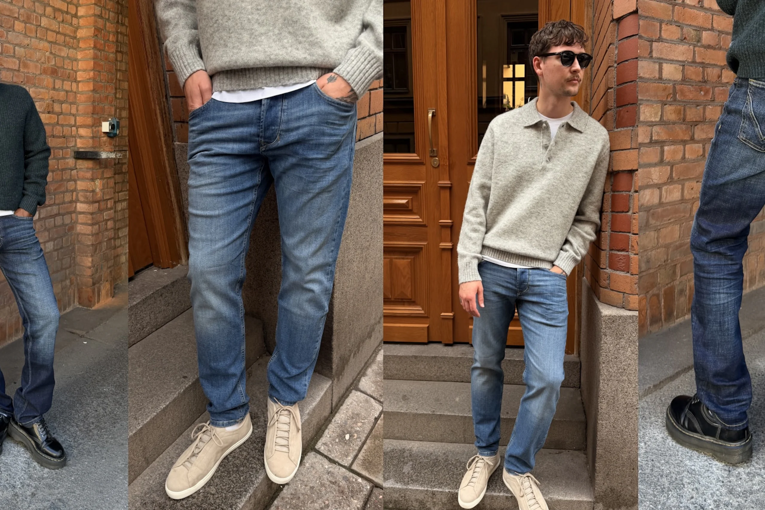 To menn som modellerer blå jeans og strikkegensere, stående og lent mot en mursteinsdøråpning og trappetrinn i et urbant miljø.