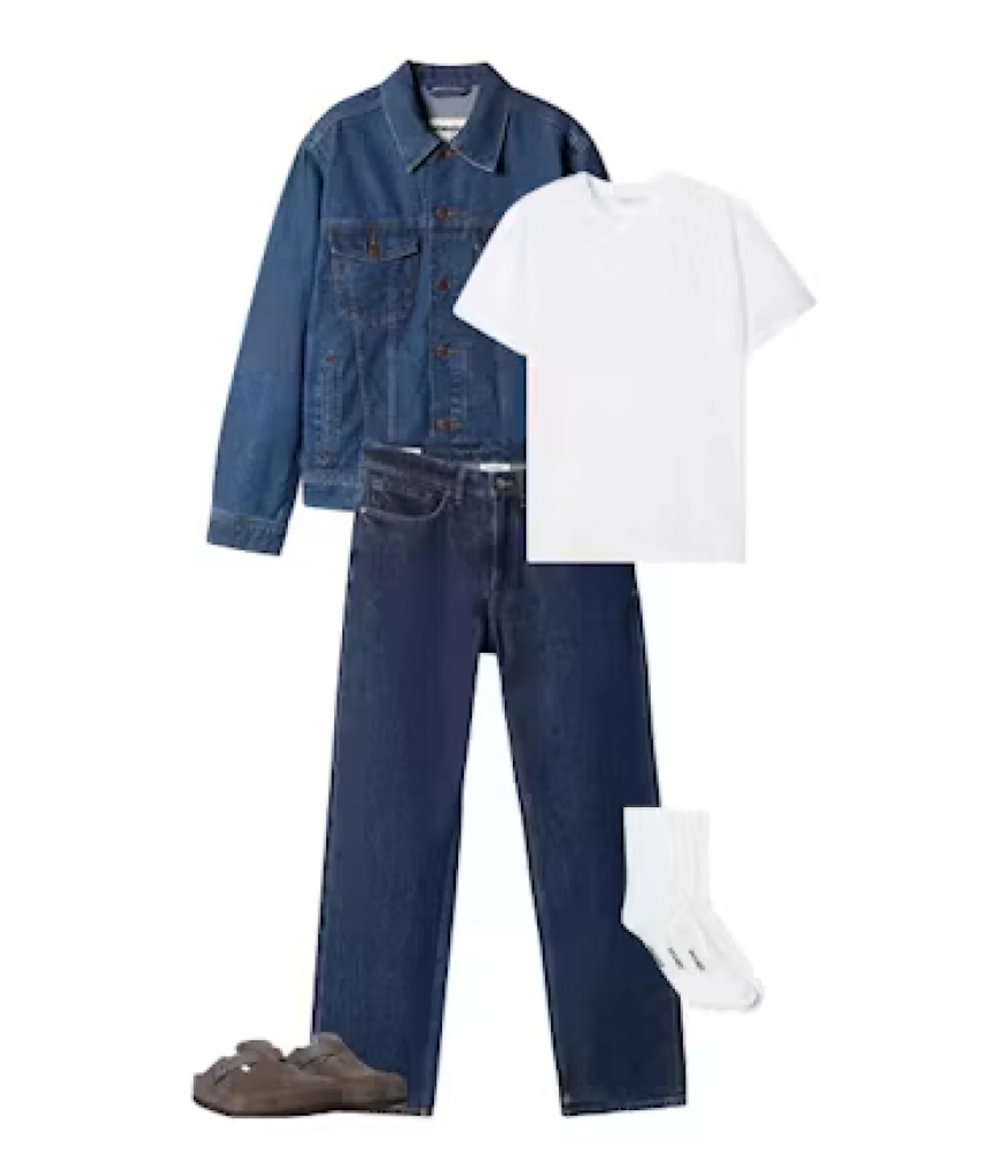 Antrekkskombinasjon med blå denimjakke, hvit t-skjorte, mørke jeans, hvite sokker og grå sko.