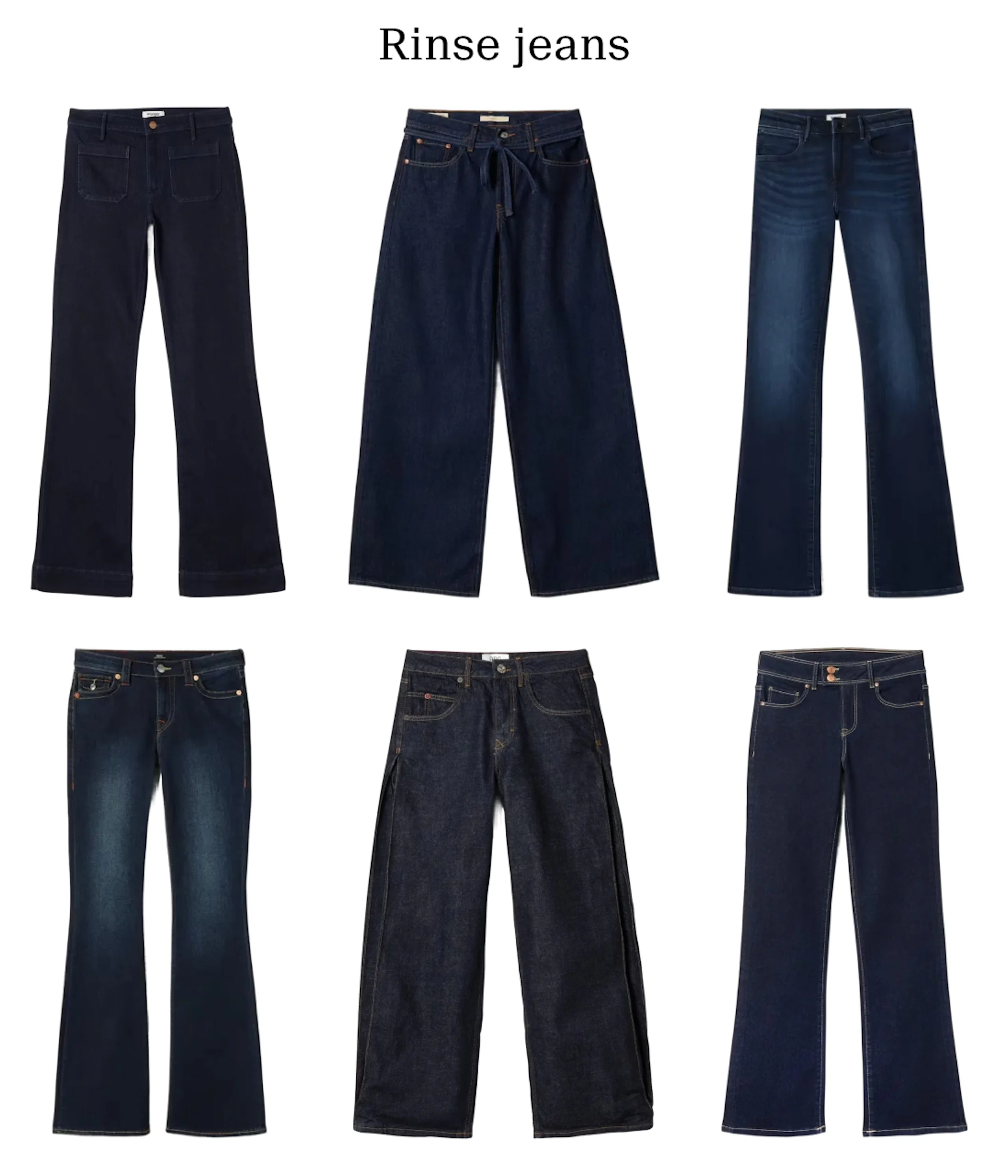 Seks par rinse jeans i mørkeblå nyanser, med ulike snitt som vide ben, bootcut og flare.
