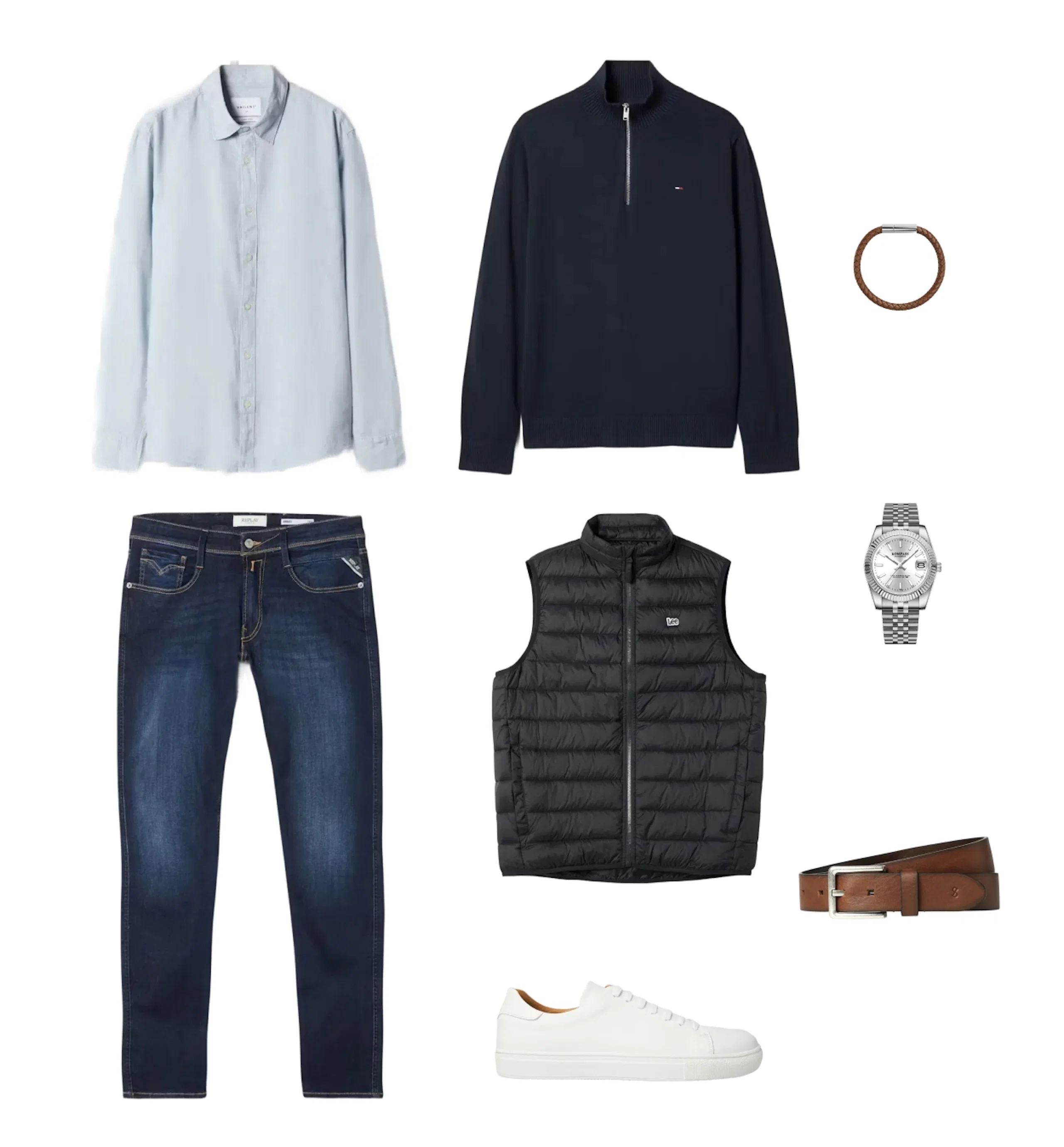 Light blue button-up shirt, navy quarter-zip sweater, dark slim jeans, black quilted vest, white sneakers, brown belt, braided bracelet and silver watch arranged on white background.
