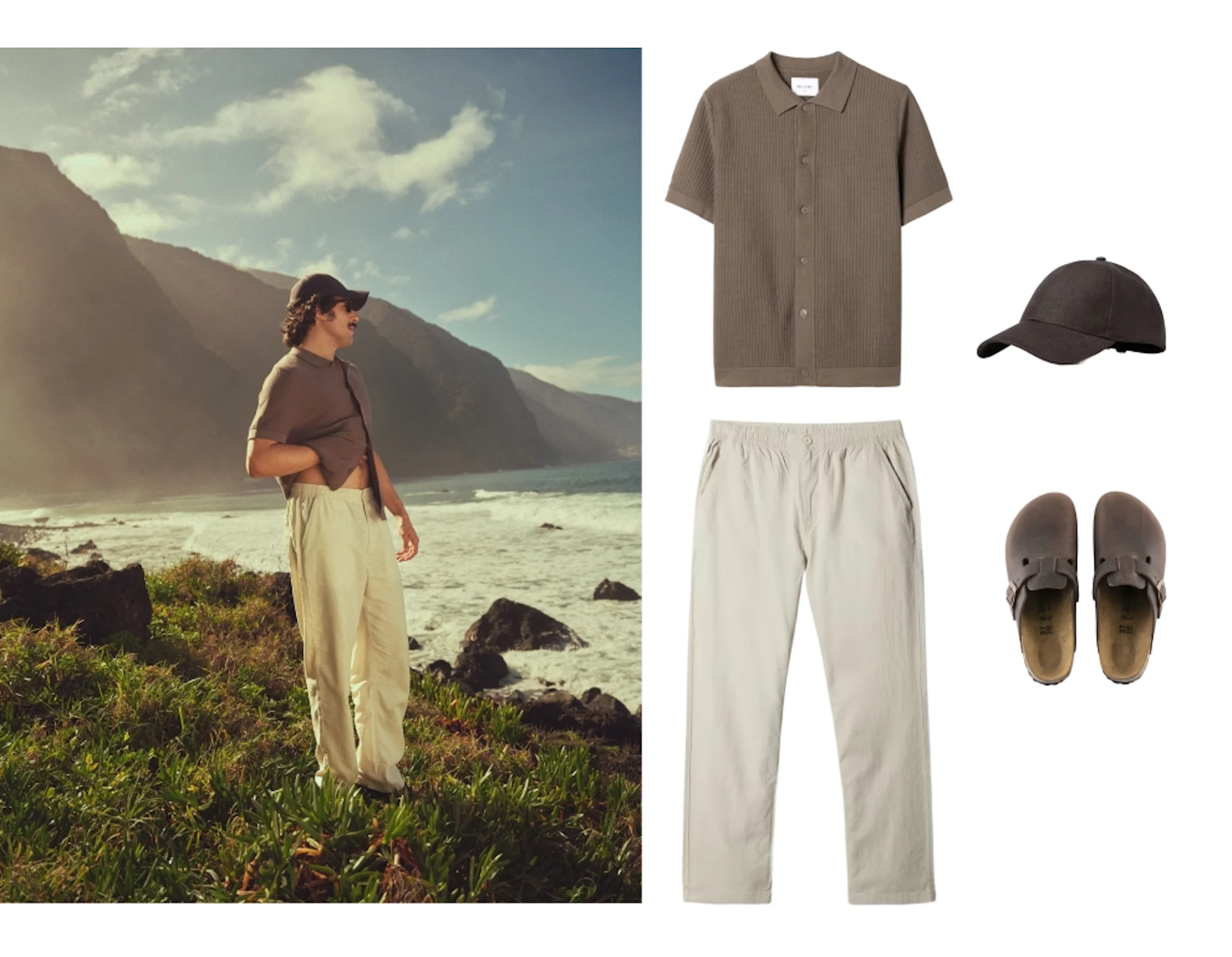 Mann i brun skjorte og beige bukser ved kystlandskap. Antrekkdetaljer: brun strikket skjorte, caps og brune sandaler.