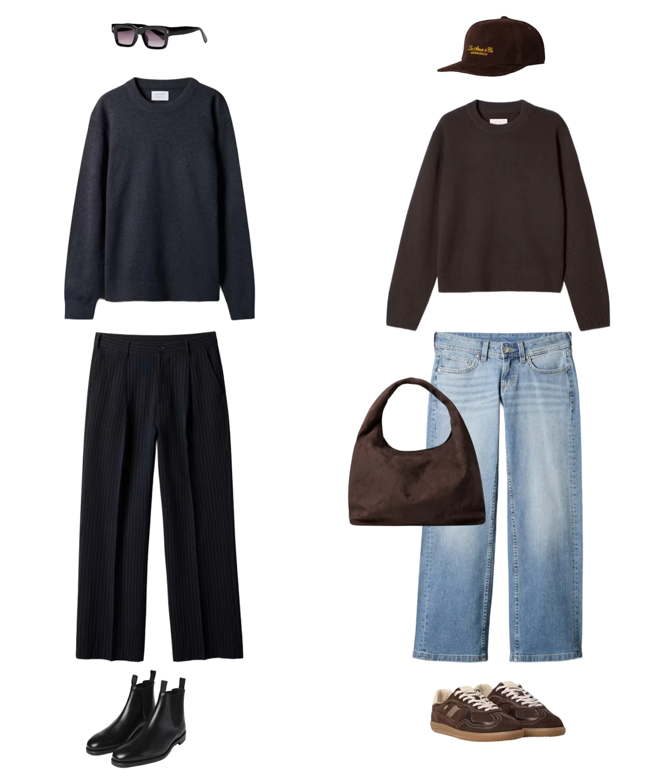 To antrekksflatlegg: ett med mørk genser, stripete bukser og svarte boots, ett med brun genser, jeans, caps og sneakers.