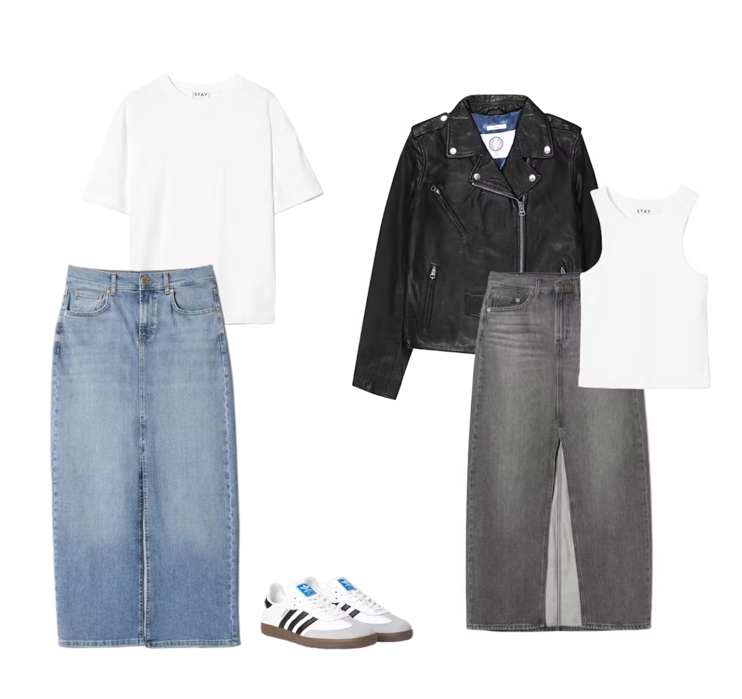 To antrekkskombinasjonar: kvit t-skjorte med lys denimskjørt, og kvit singlet med svart skinnjakke og grå denimskjørt. Kvite sneakers.