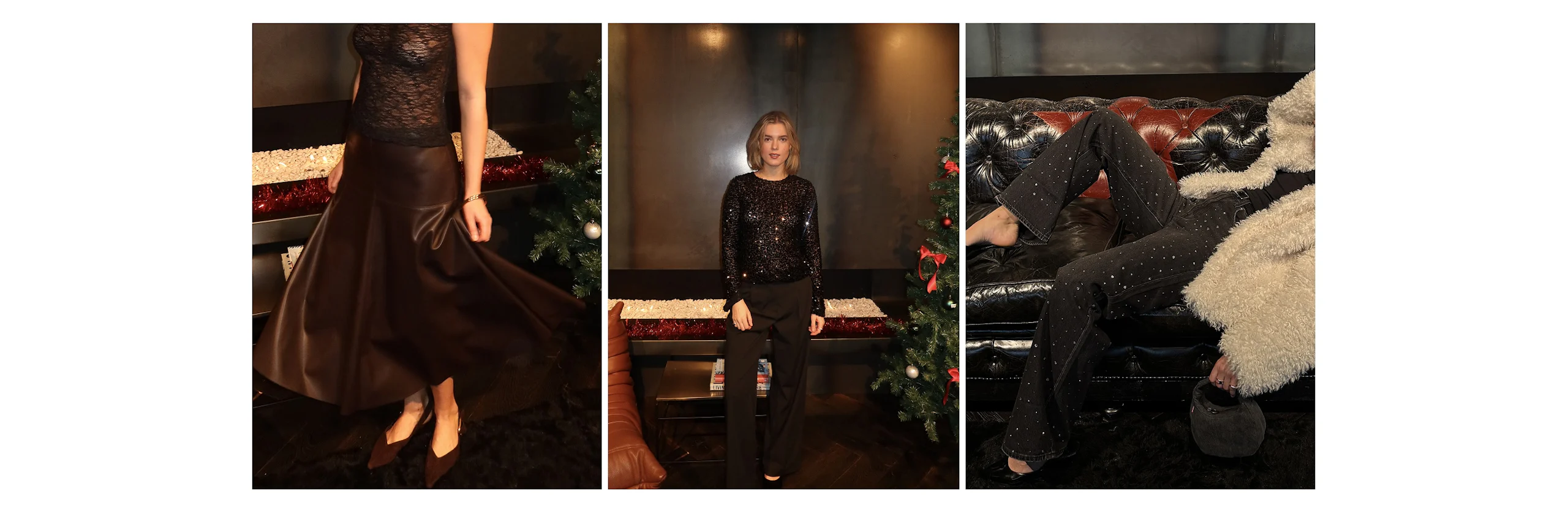 Tre bilder av kvinner i svarte festantrekk med julepynt i bakgrunnen. Skjørt, paljettgenser og glitterbukse.