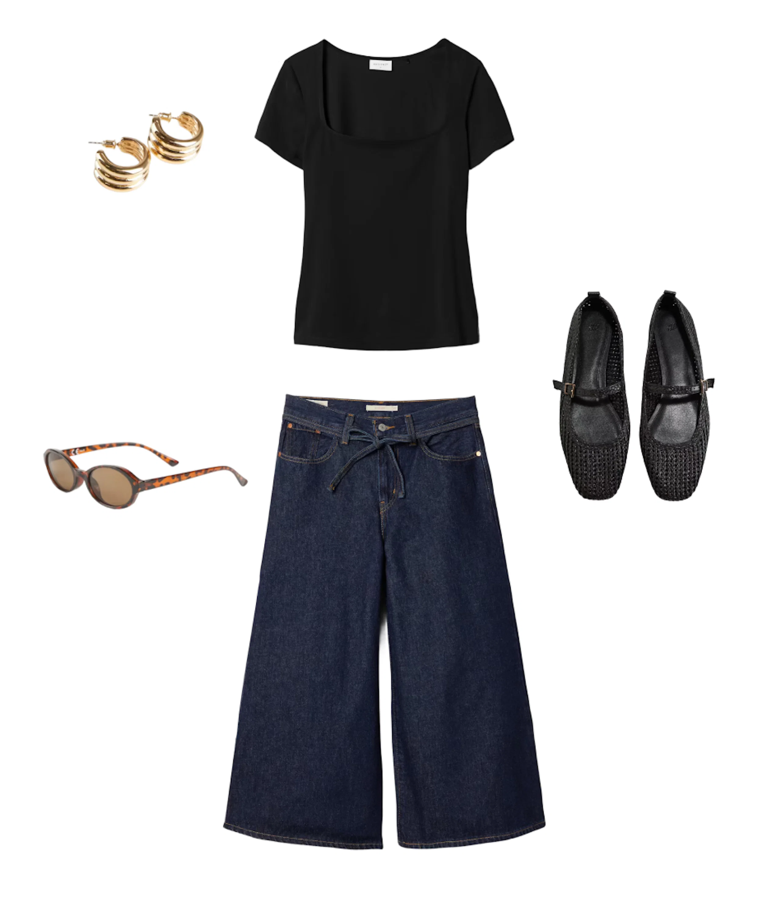 Outfit med svart t-shirt, mörkblå vida jeans, svarta flätade skor, guldörhängen och sköldpaddsmönstrade solglasögon.