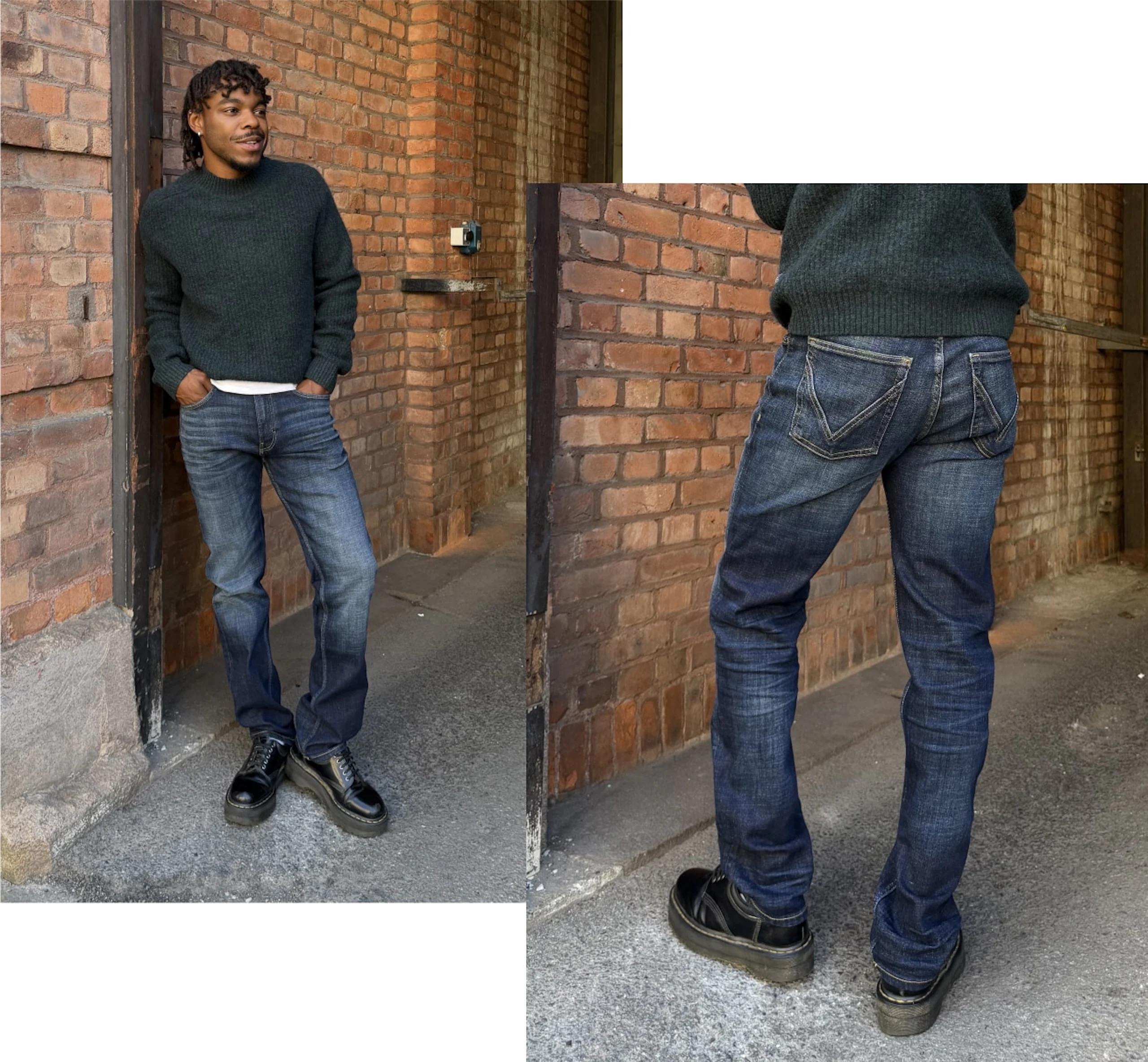 Mann iført en mørkegrønn genser, blå jeans og svarte sko, som poserer mot en rød murvegg med hendene i lommene.
