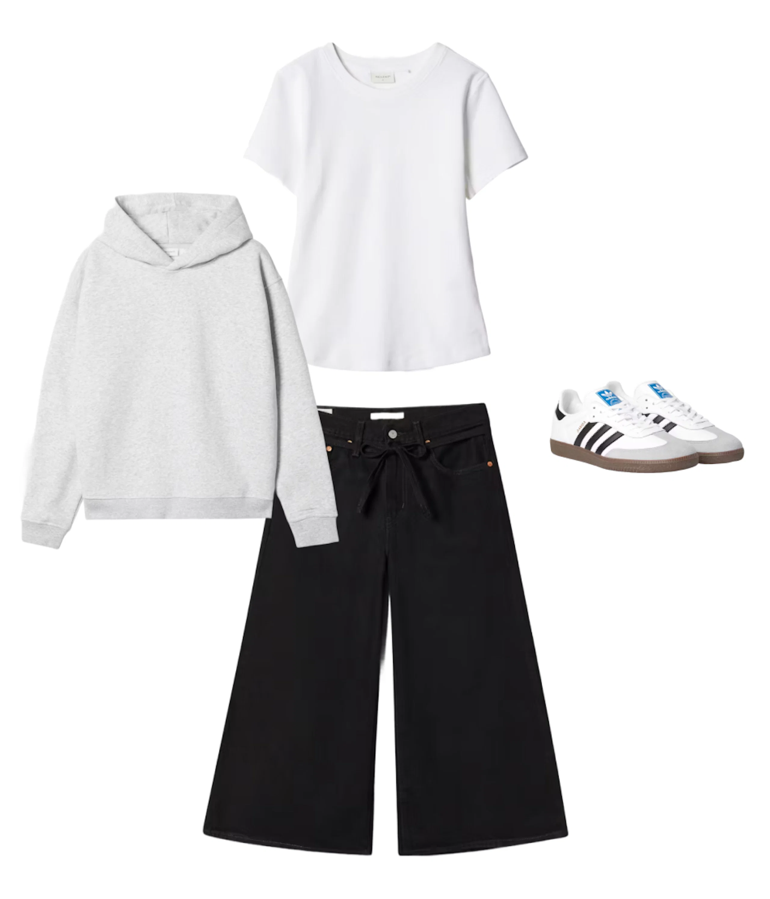 Outfit med grå hoodie, vit t-shirt, svarta vida jeans och vita Adidas-sneakers med svarta ränder.