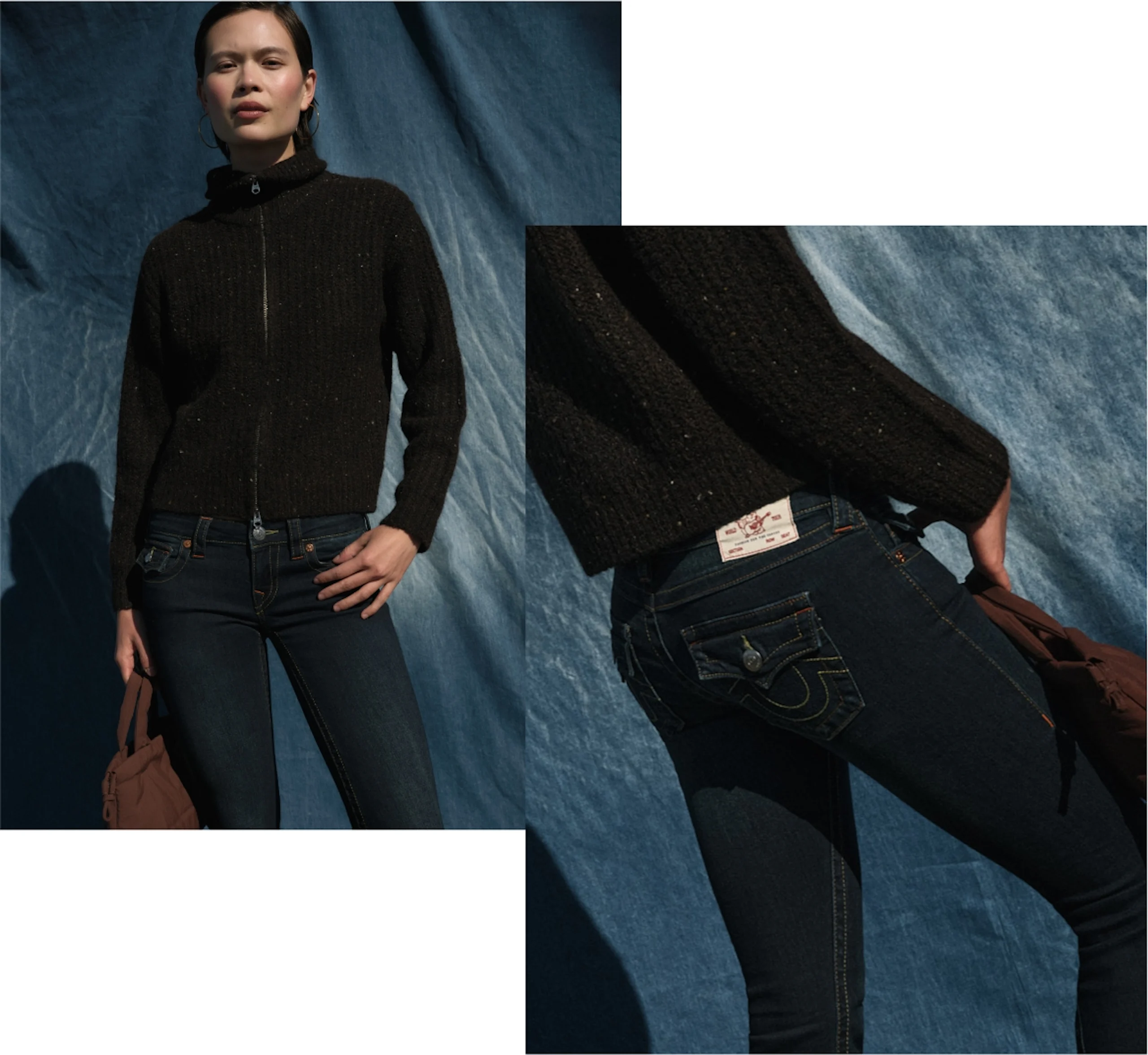 Modell iført mørk strikkegenser med glidelås og mørke skinny jeans, med nærbilde av True Religion-lommens detalj bak.