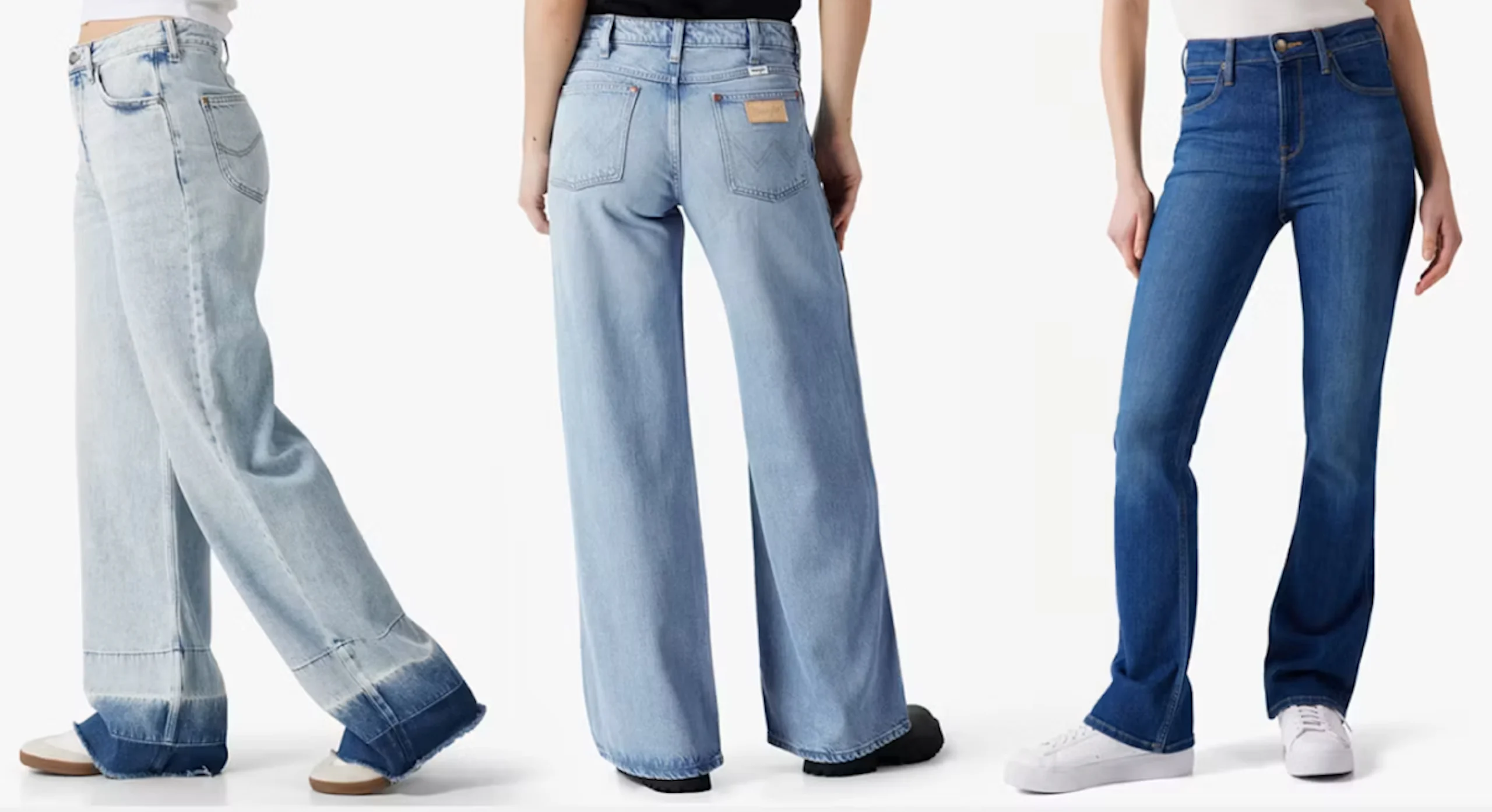 Kolme naista esittelee erilaisia farkkumalleja: leveälahkeiset vaaleat farkut, Wrangler-leveälahkeiset farkut takaa ja tummansininen bootcut-malli.