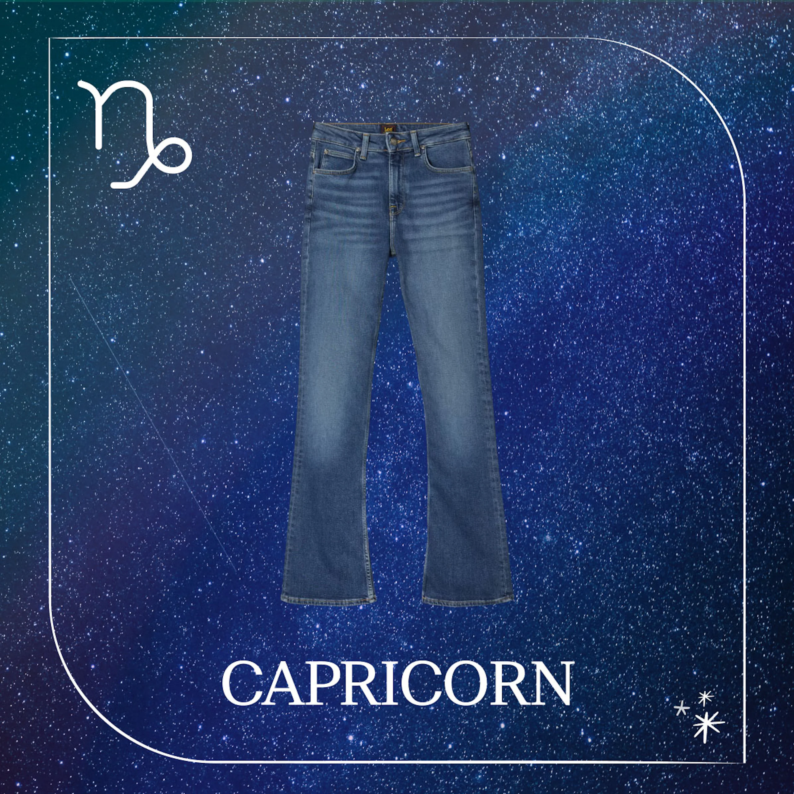 Blå bootcut-jeans mot stjernehimmel-bakgrunn med stjernetegnet Steinbukken og teksten Capricorn.