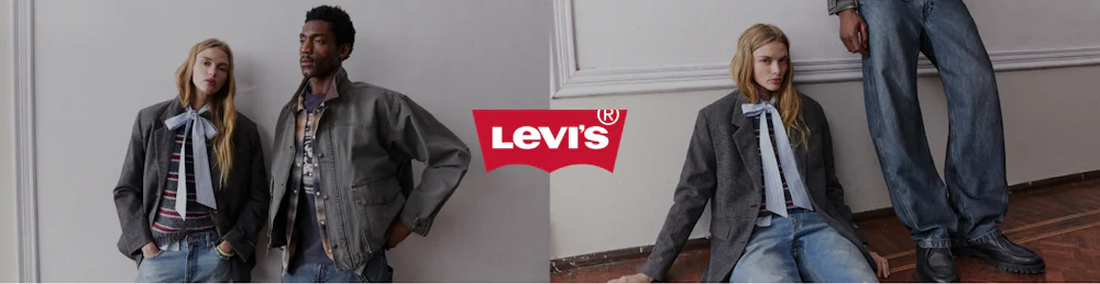 Kaksi henkilöä Levi's-vaatteissa: nainen harmaassa takissa ja mies vihreässä takissa. Levi's-logo keskellä.